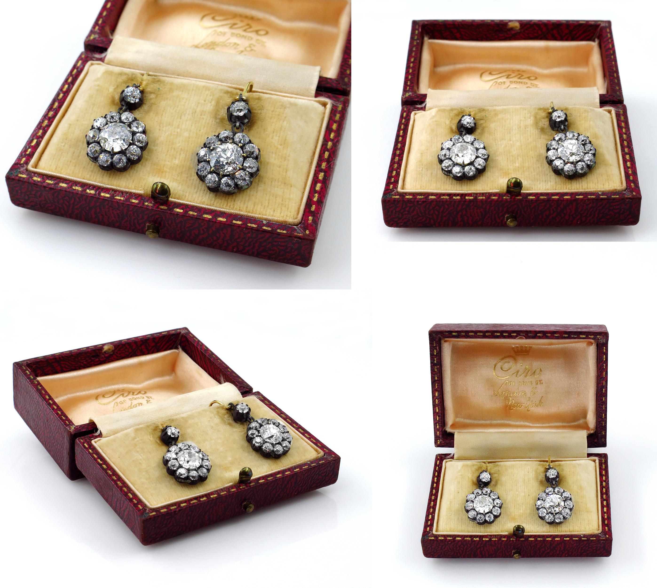 GIA 6.00 Carat Diamond Cluster Dangling Earrings in Gold Silver Top 1