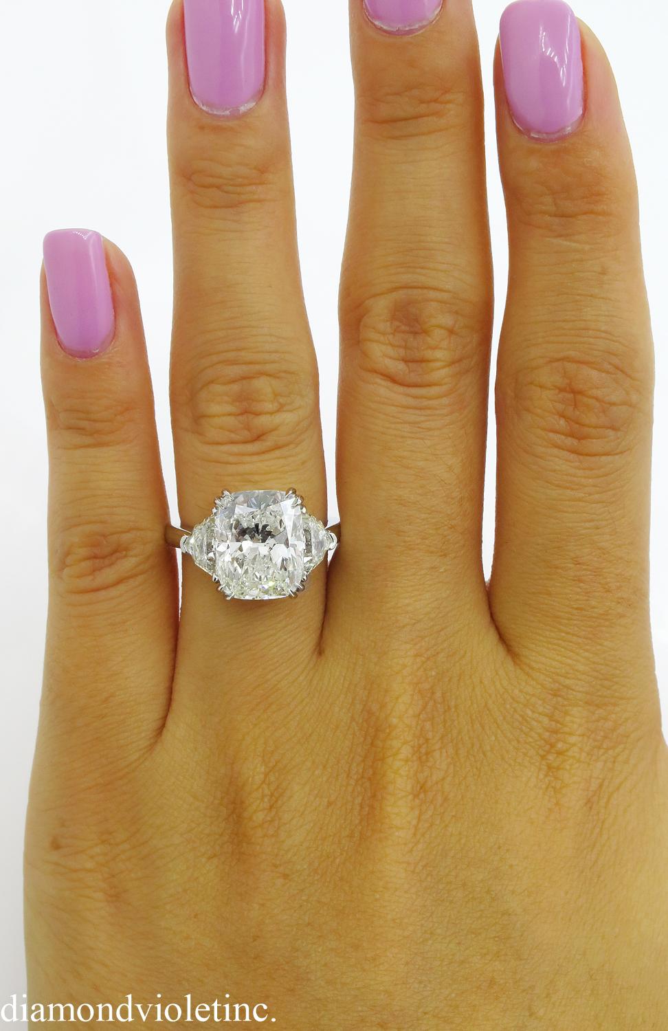 GIA 6.01 Carat Cushion Diamond Three-Stone Engagement Platinum Ring 7