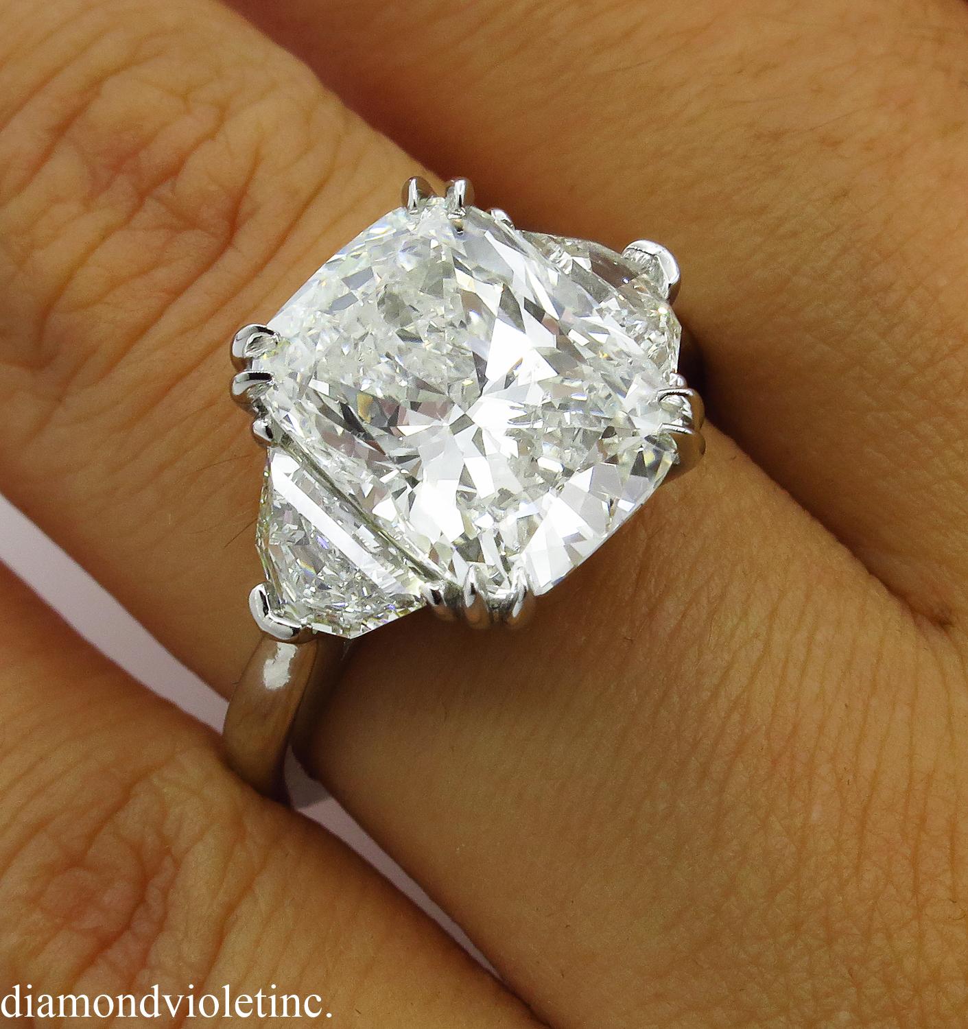 GIA 6.01 Carat Cushion Diamond Three-Stone Engagement Platinum Ring 8