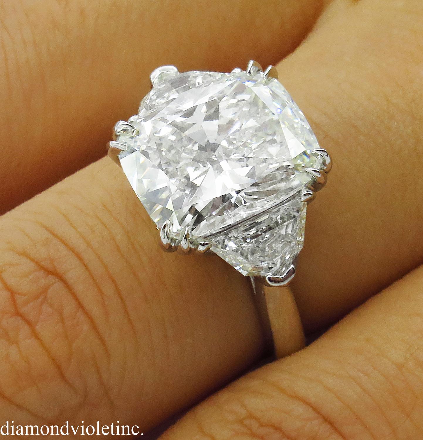 GIA 6.01 Carat Cushion Diamond Three-Stone Engagement Platinum Ring 9