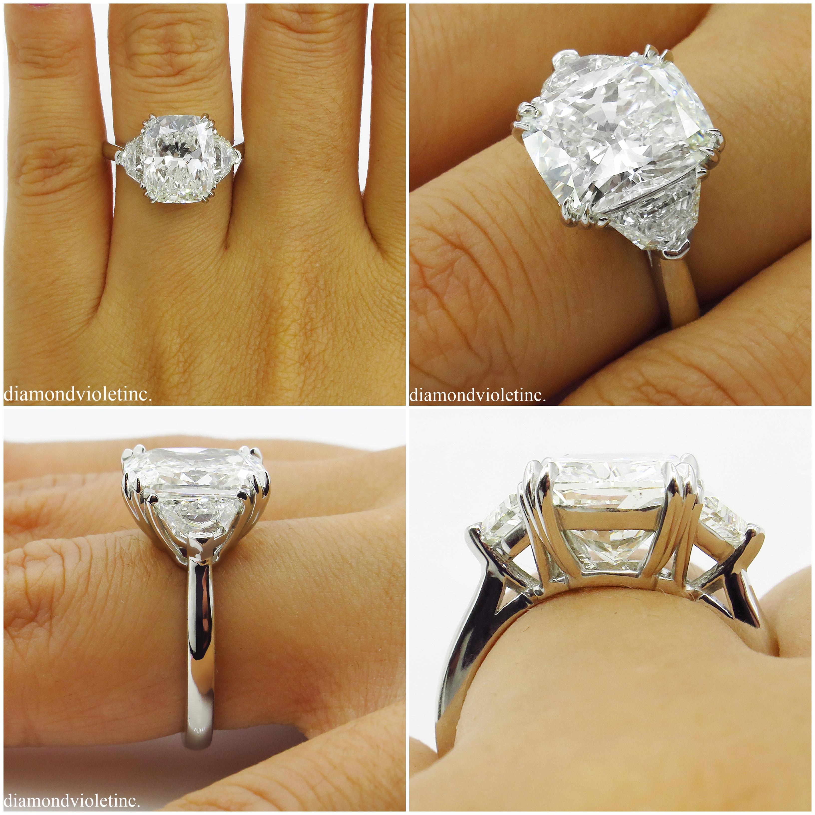 GIA 6.01 Carat Cushion Diamond Three-Stone Engagement Platinum Ring 10