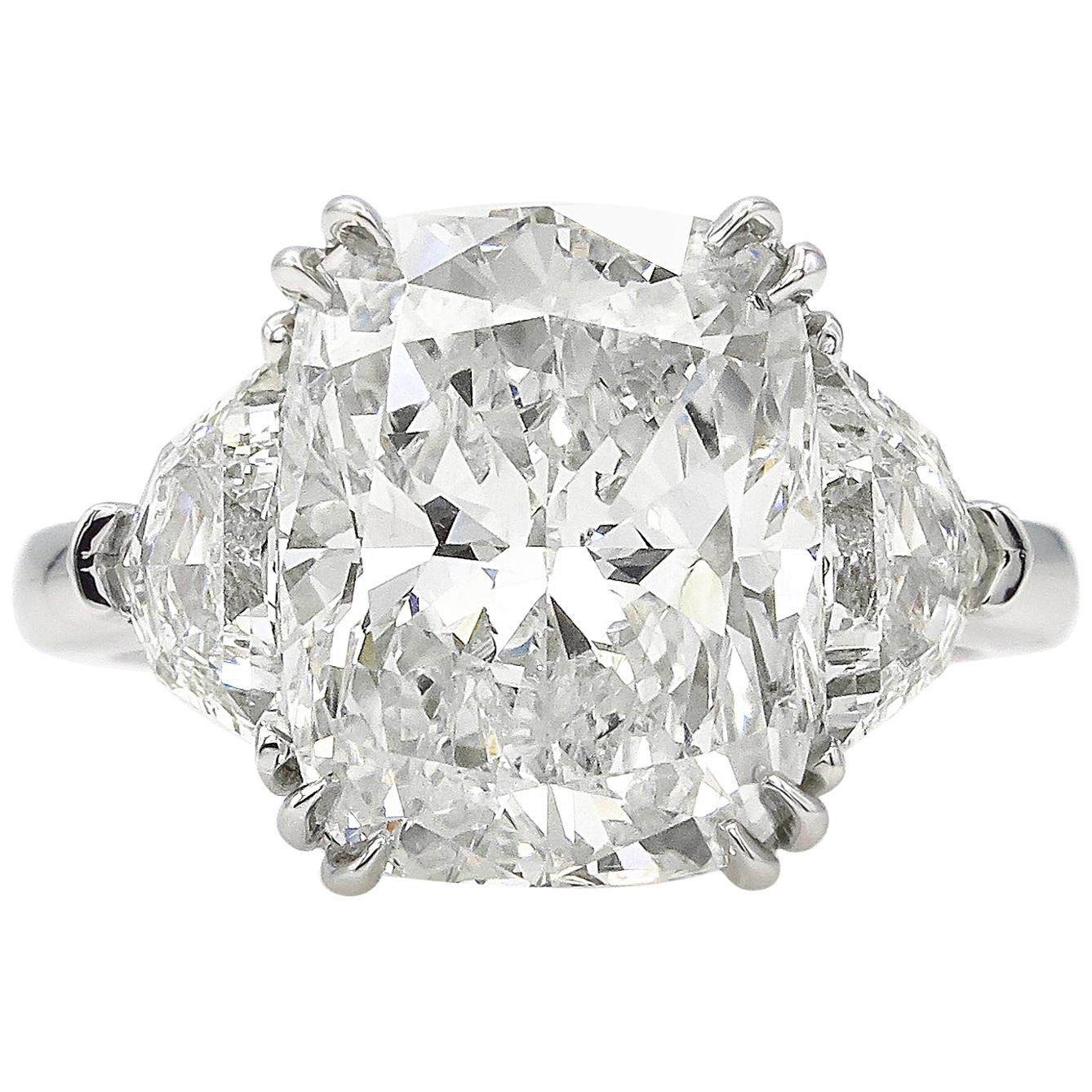 GIA 6.01 Carat Cushion Diamond Three-Stone Engagement Platinum Ring