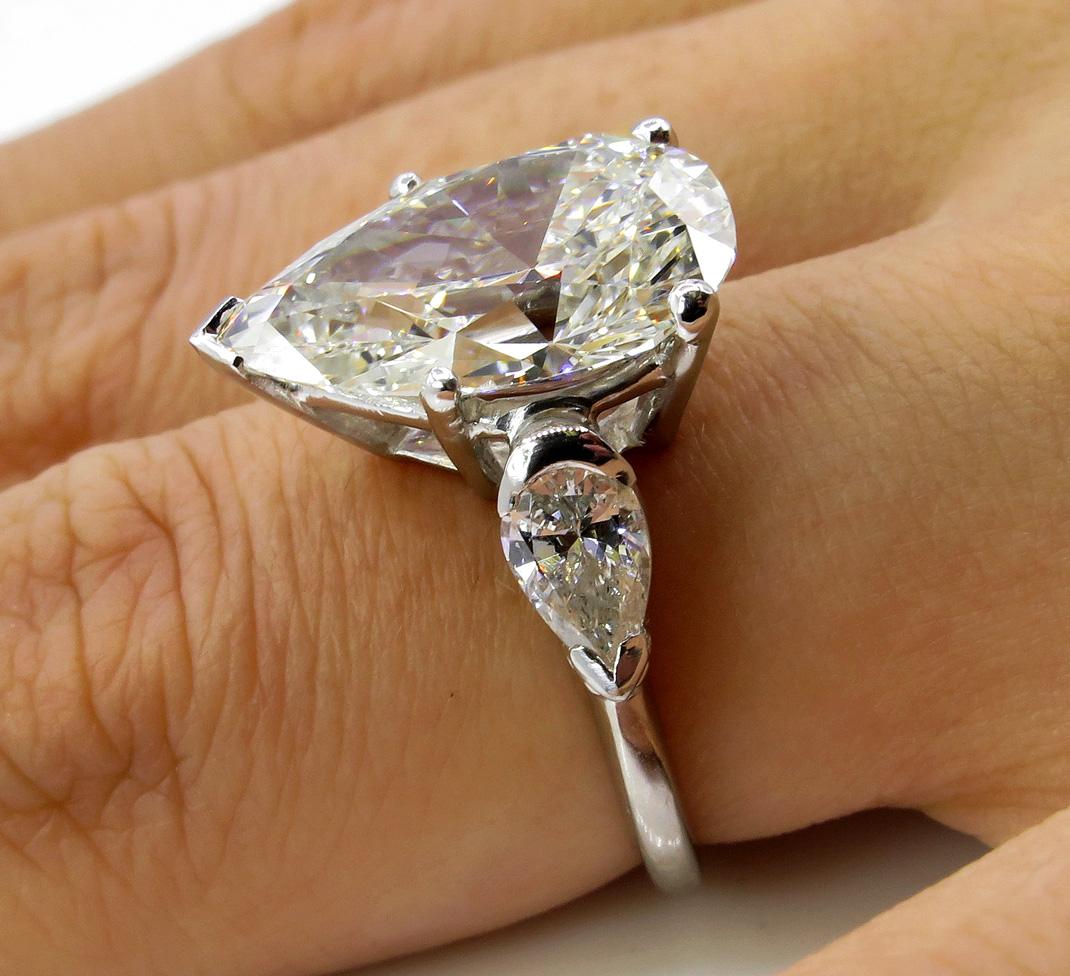 GIA 6.01 Carat Estate Vintage Pear Diamond 3-Stone Wedding Platinum Ring 3