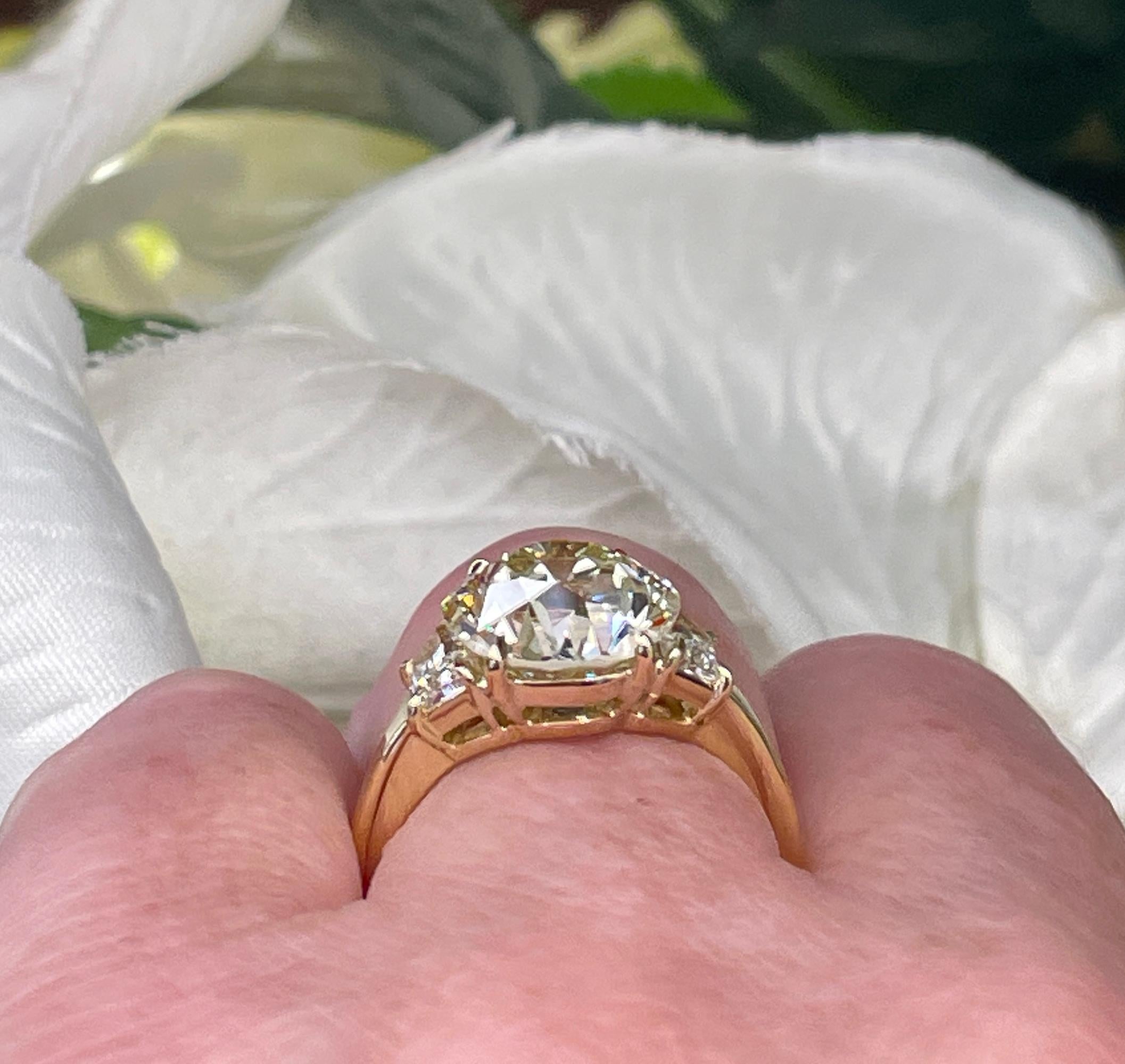 GIA 6.01ct Old Euro Diamond Three Stone Engagement Anniversary Vintage 18KY Ring For Sale 10