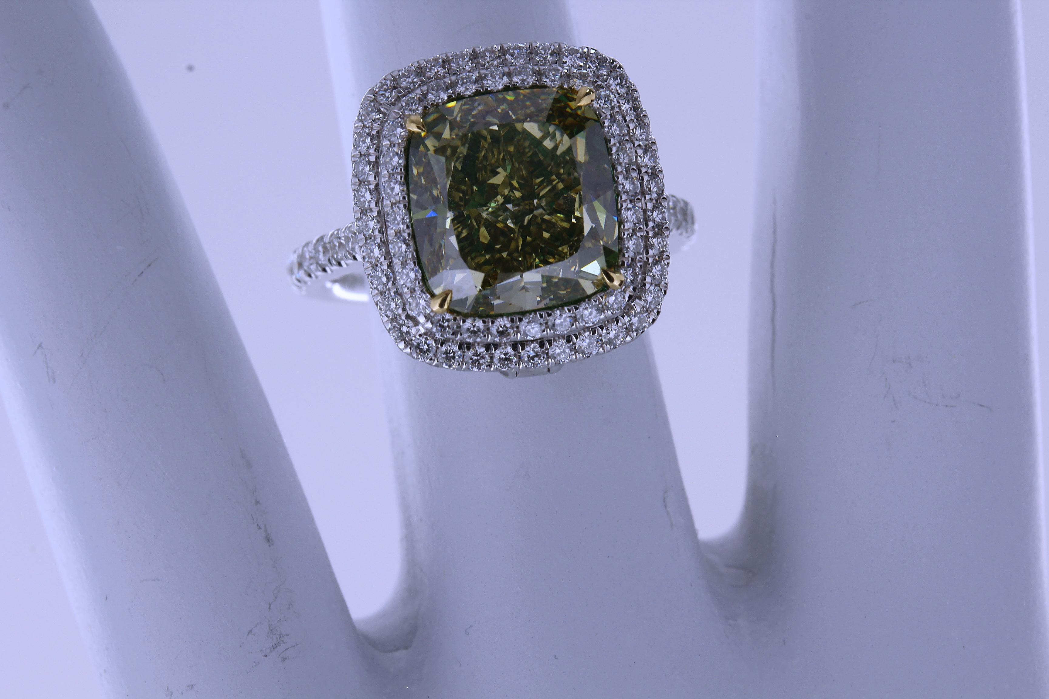 GIA 6.02 Cushion Natural Fancy Deep Brownish Greenish Yellow VS2 Diamond Ring For Sale 7