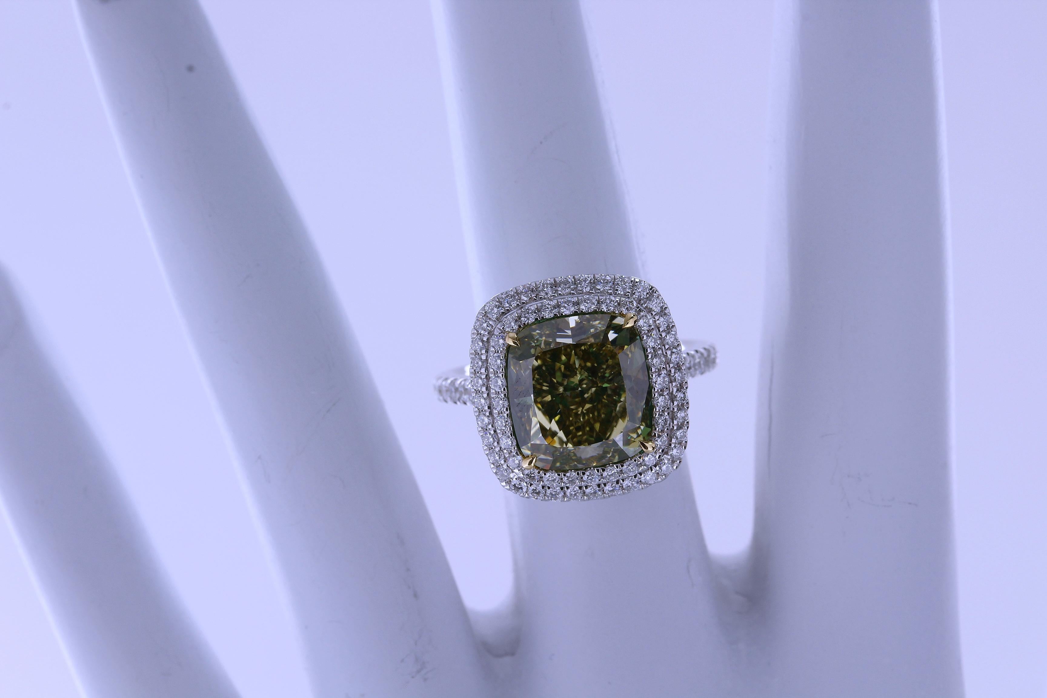 GIA 6.02 Cushion Natural Fancy Deep Brownish Greenish Yellow VS2 Diamond Ring For Sale 8