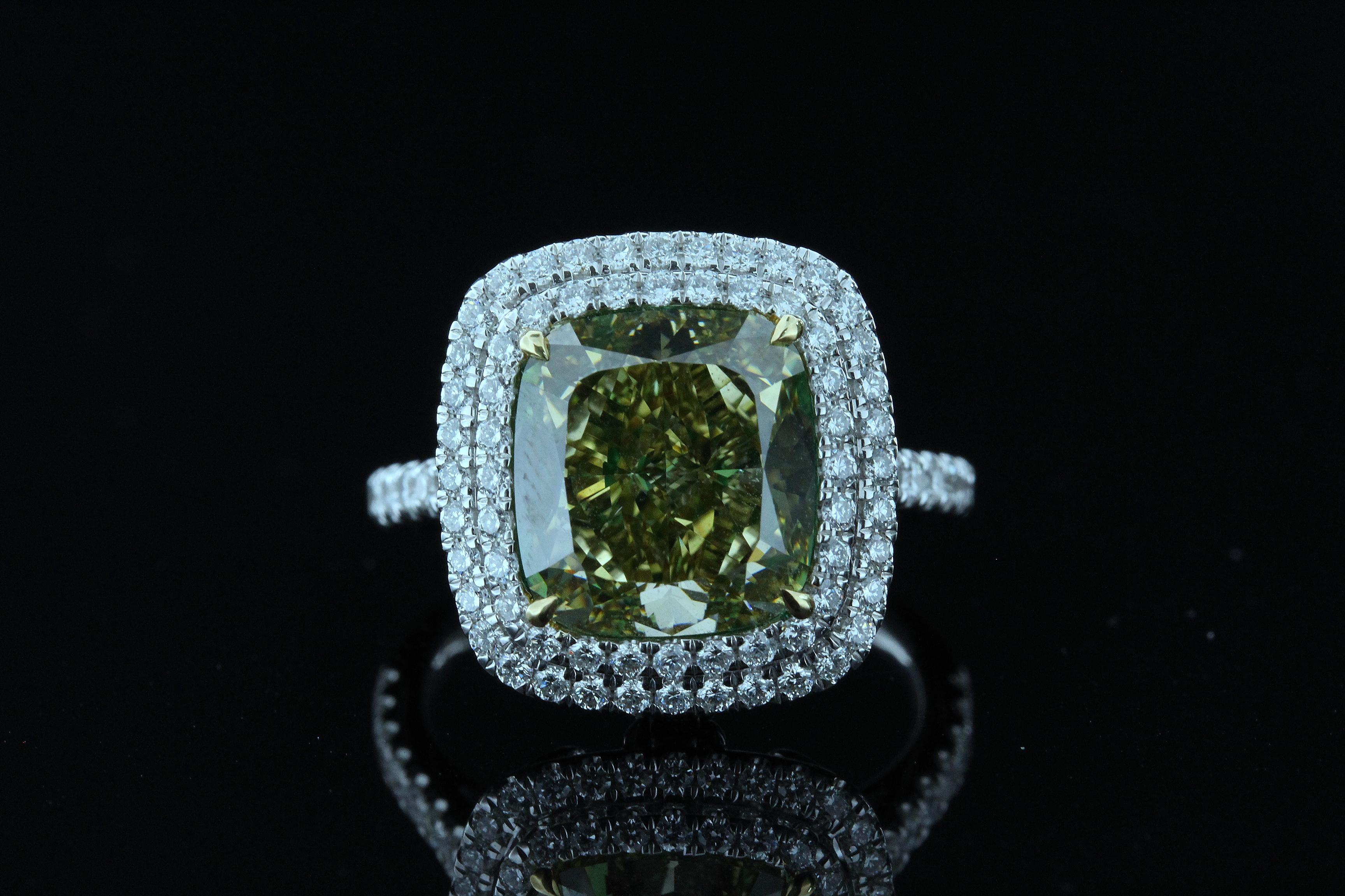 GIA 6.02 Cushion Natural Fancy Deep Brownish Greenish Yellow VS2 Diamond Ring For Sale 9