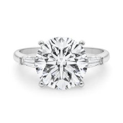 GIA 5.13ct Round Three-Stone Tapered Baguette 18K White Gold Diamond Ring