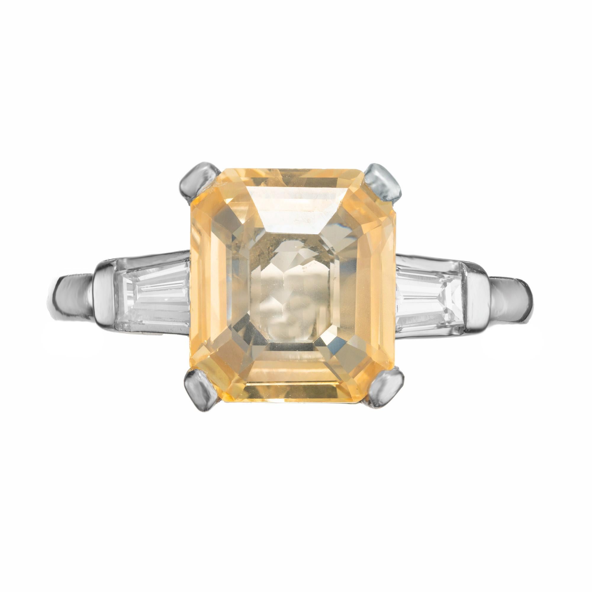 GIA 6.04 Carat Orange Emerald Cut Sapphire Diamond Platinum Engagement Ring In Good Condition For Sale In Stamford, CT