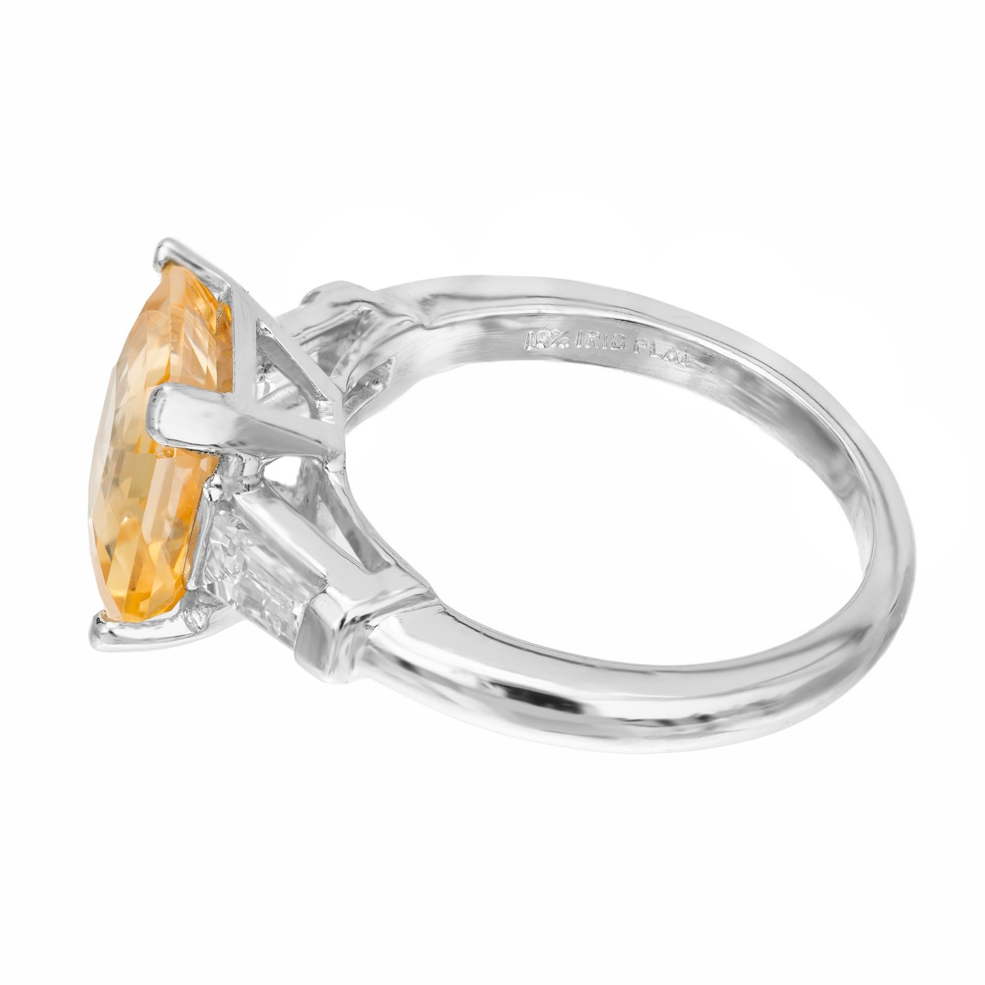GIA 6.04 Carat Orange Emerald Cut Sapphire Diamond Platinum Engagement Ring For Sale 2