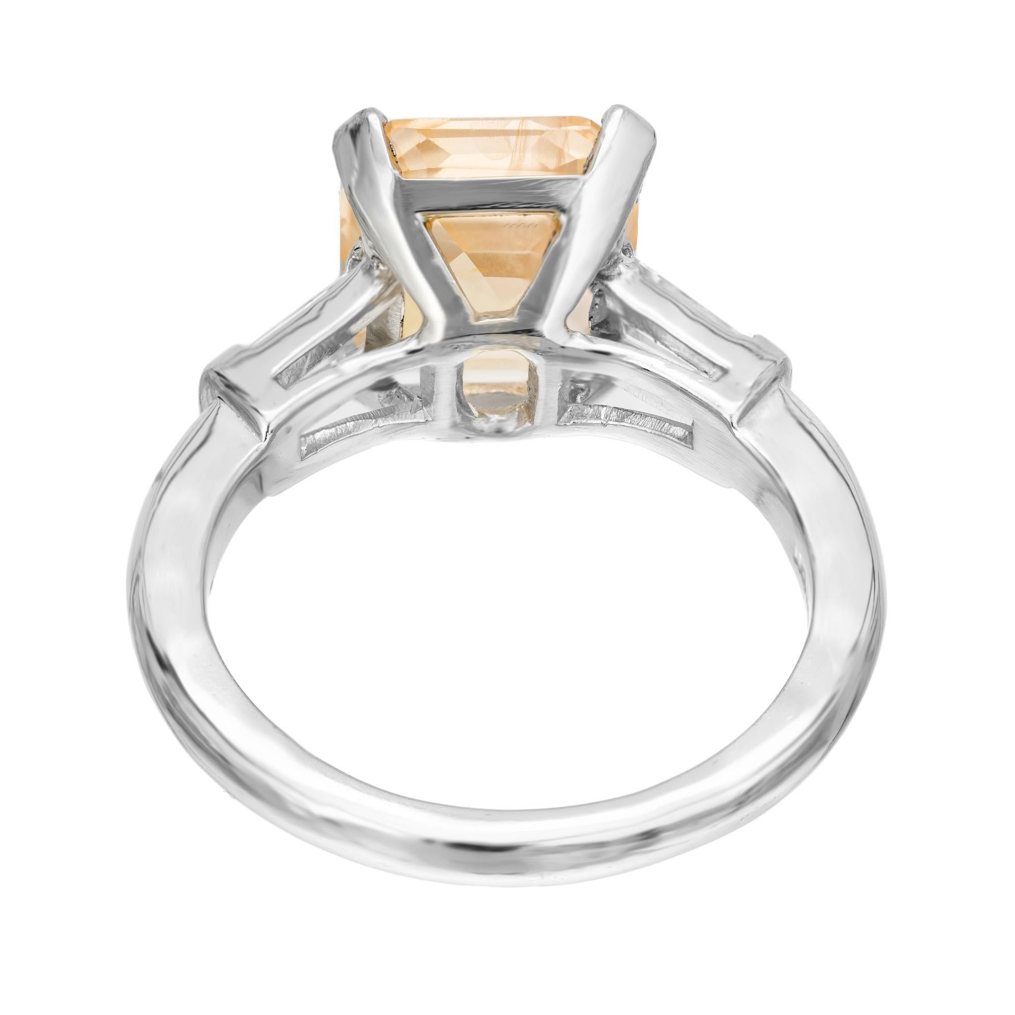 GIA 6.04 Carat Orange Emerald Cut Sapphire Diamond Platinum Engagement Ring For Sale 3