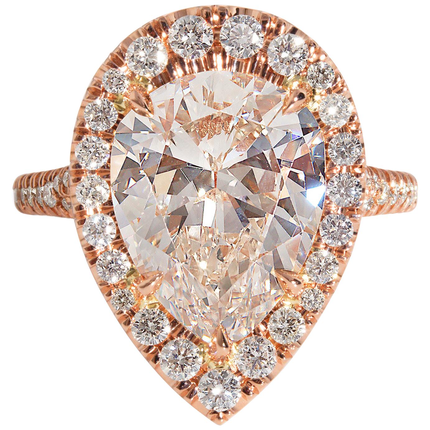 GIA 6.04 Carat Pear Shaped Diamond Engagement Wedding Pave Halo Rose Gold Ring