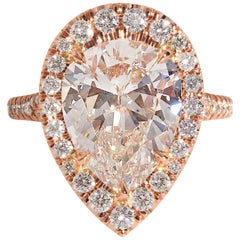 Used GIA 6.04 Carat Pear Shaped Diamond Engagement Wedding Pave Halo Rose Gold Ring