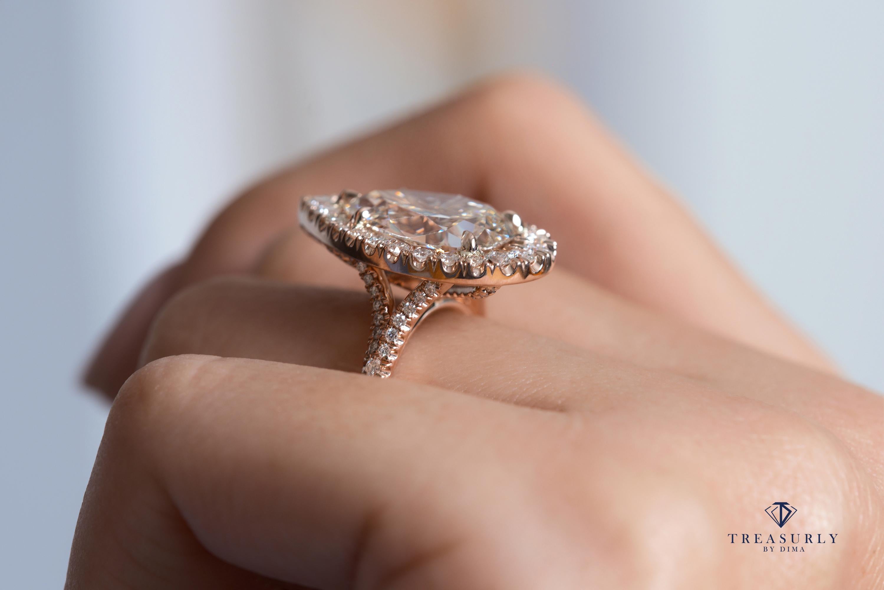 GIA 6.04 Carat Pear Shaped Diamond Engagement Wedding Pave Halo Rose Gold Ring 2