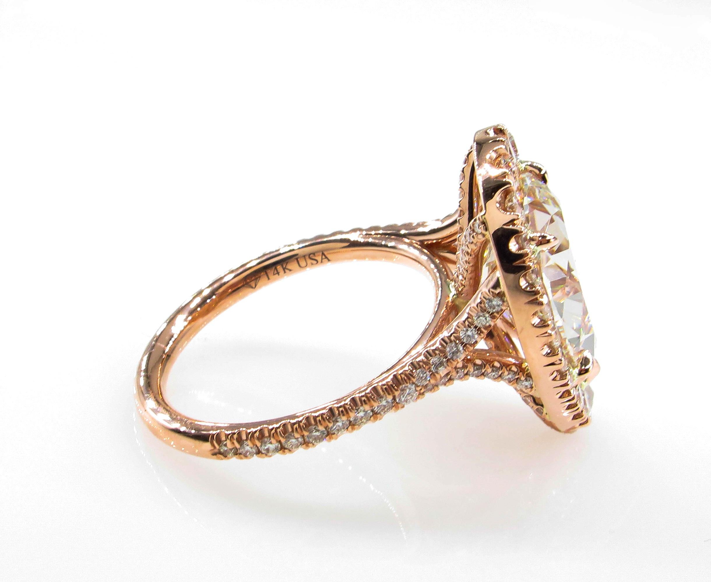 GIA 6.04 Carat Pear Shaped Diamond Engagement Wedding Pave Halo Rose Gold Ring In Good Condition In New York, NY