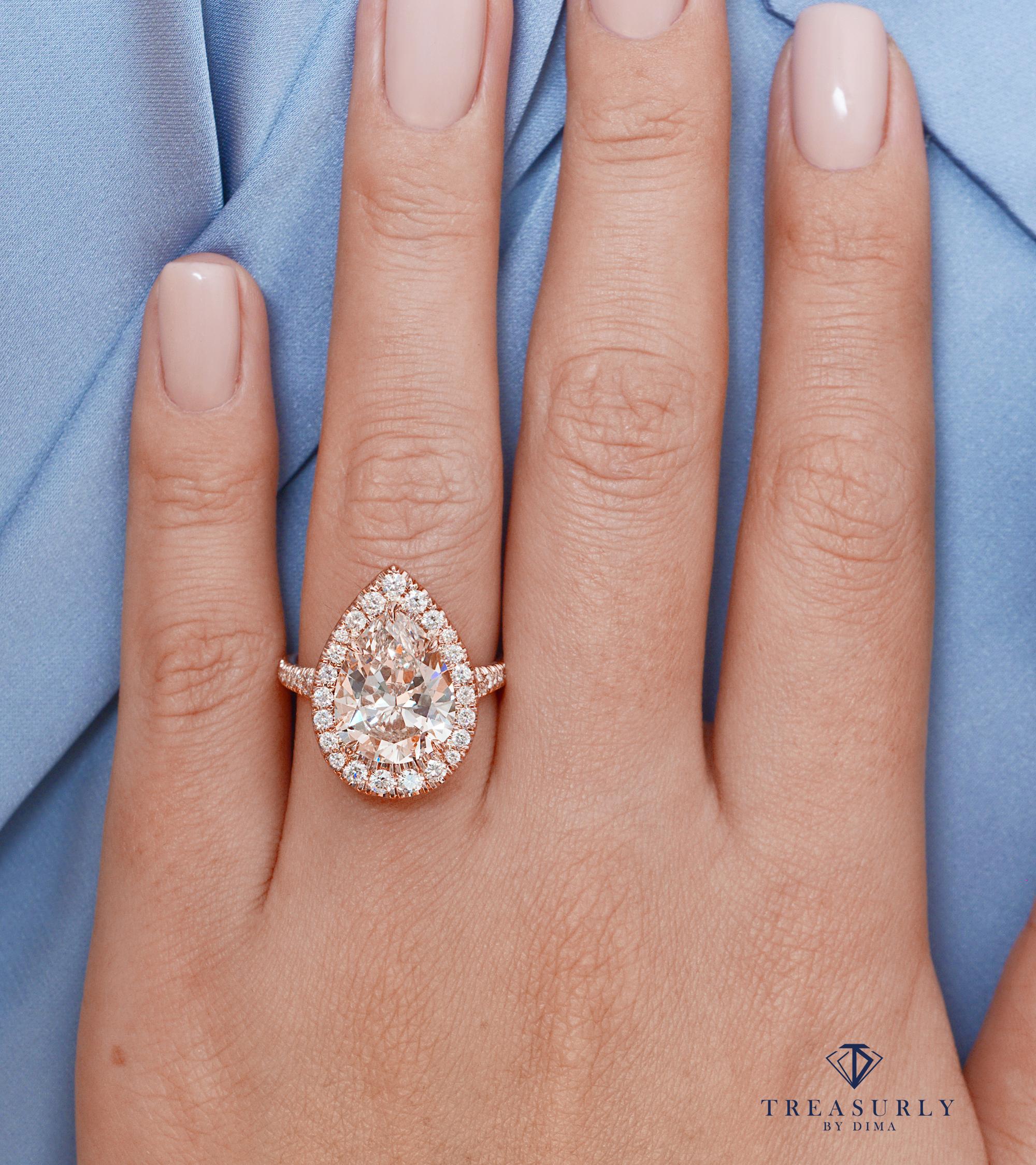 Women's GIA 6.04 Carat Pear Shaped Diamond Engagement Wedding Pave Halo Rose Gold Ring
