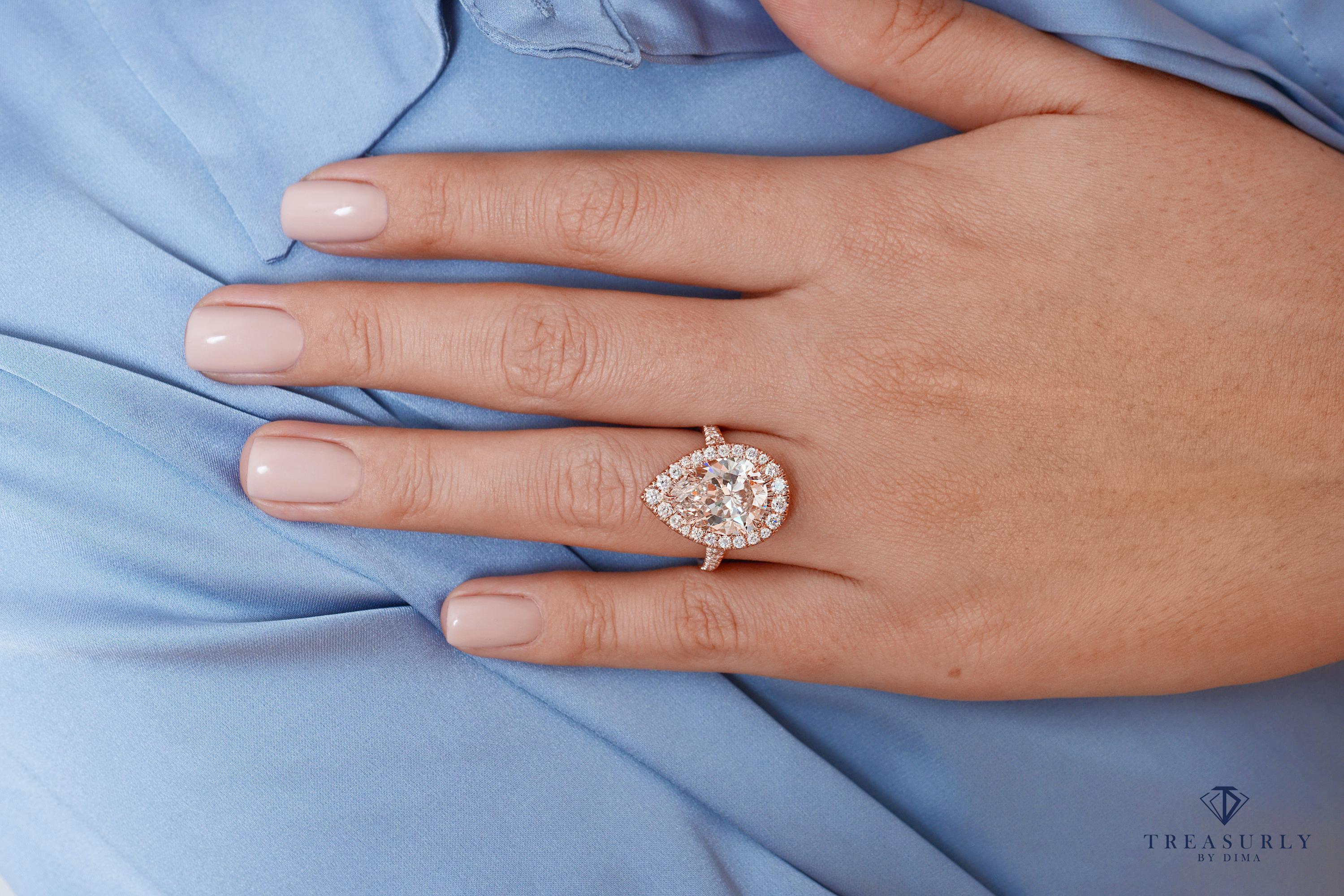 GIA 6.04 Carat Pear Shaped Diamond Engagement Wedding Pave Halo Rose Gold Ring 1