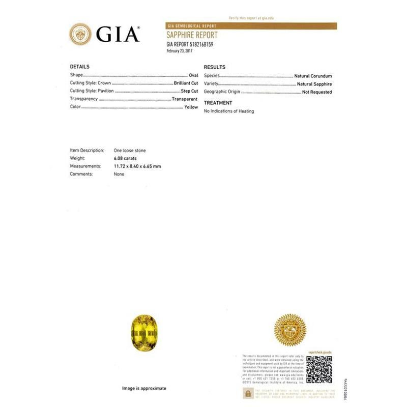Platin-Verlobungsring, GIA 6,08 Karat natürlicher ovaler gelber Saphir Diamant im Zustand „Gut“ im Angebot in Stamford, CT