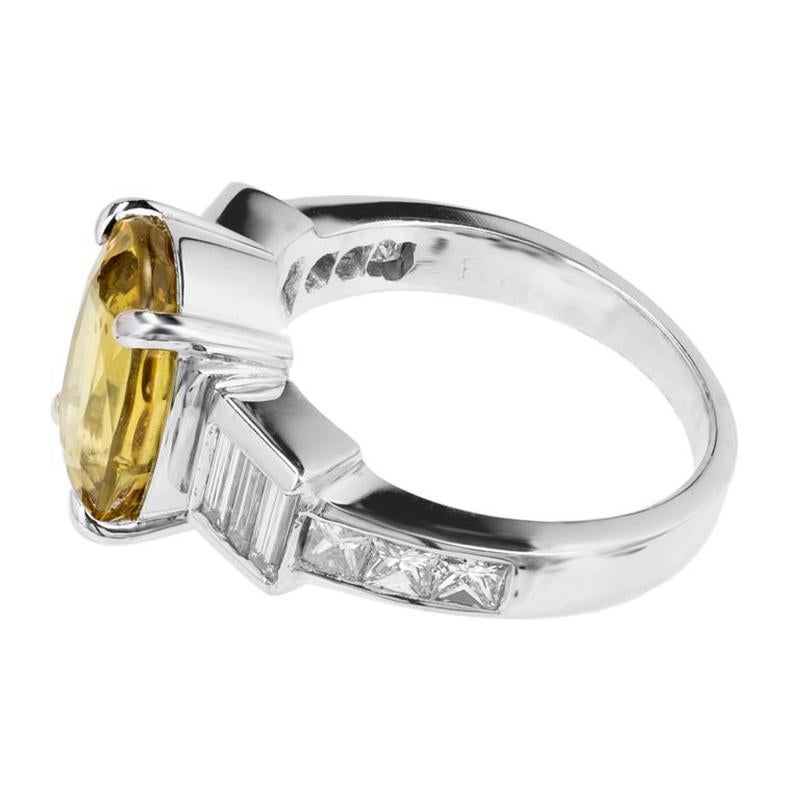 GIA 6.08 Carat Natural Oval Yellow Sapphire Diamond Platinum Engagement Ring For Sale 3