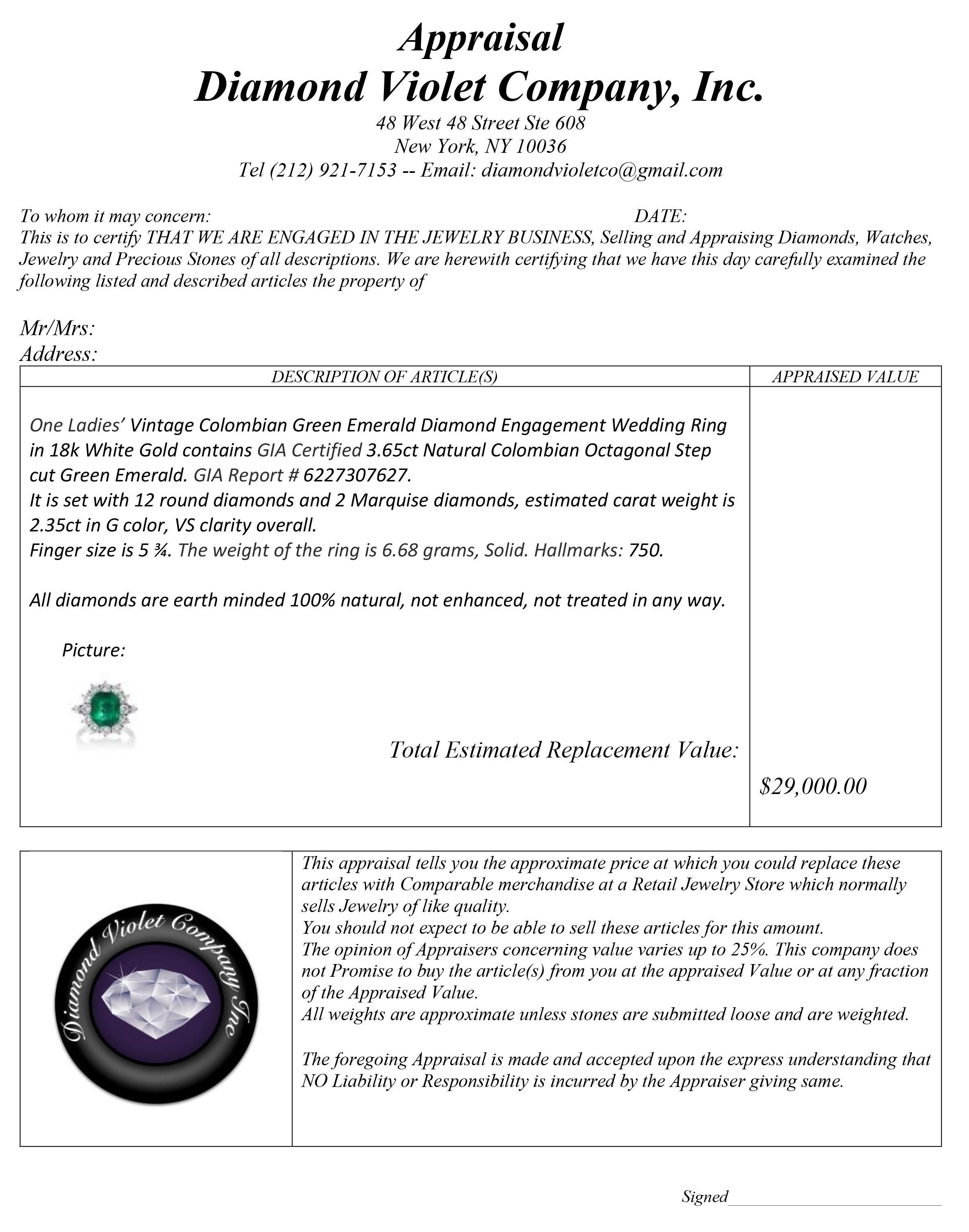GIA 6.0ct Vintage Colombian Green Emerald Diamond Engagement Wedding 18k White For Sale 2