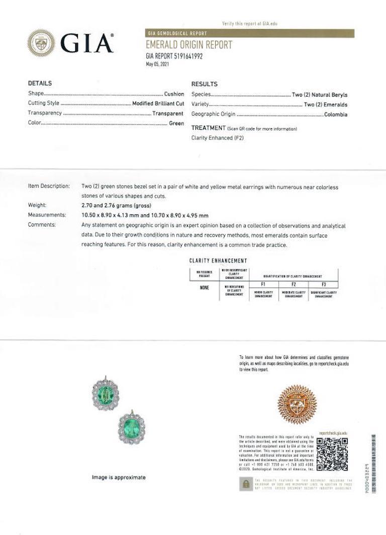 Art Deco GIA 6.10 Carats Cushion Cut Colombian Emerald and Diamond Earrings 18k YG Plat