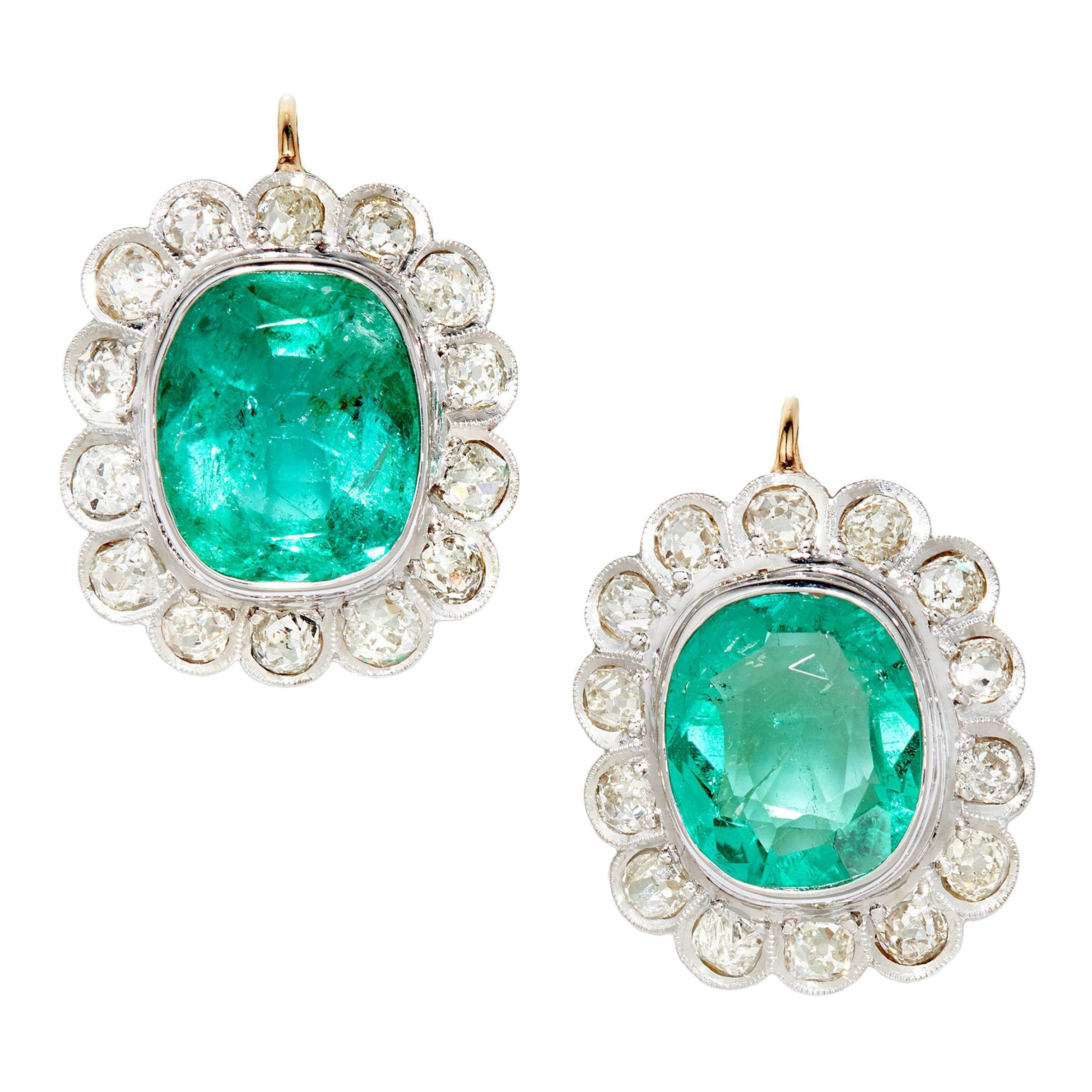 GIA 6.10 Carats Cushion Cut Colombian Emerald and Diamond Earrings 18k YG Plat