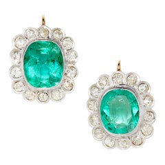 GIA 6.10 Carats Cushion Cut Colombian Emerald and Diamond Earrings 18k YG Plat