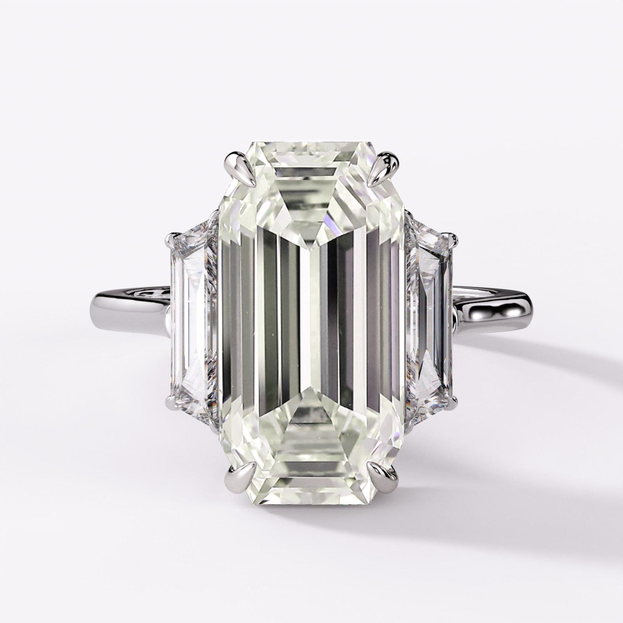GIA Bague de fiançailles à 3 pierres, 6,16 carats, diamant taille émeraude et trapèze en vente 6