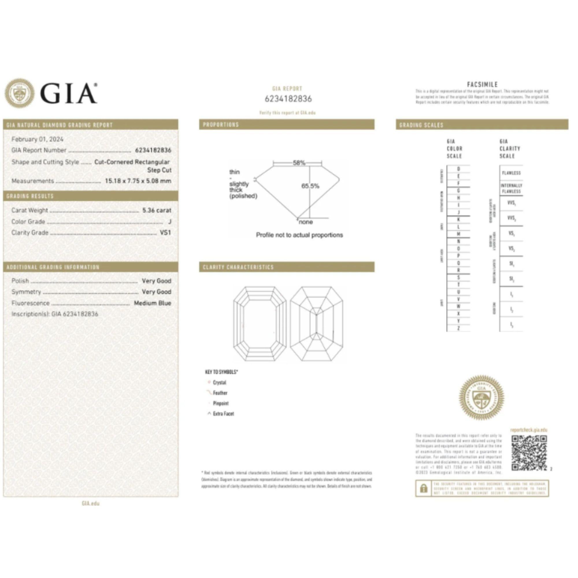 Bague de fiançailles cathédrale en or blanc 18 carats certifiée GIA de 5,36 carats de diamant naturel de taille émeraude à trois pierres.

La pierre est libre et peut être réalisée dans plusieurs configurations de sertissage. Le modèle présenté ici