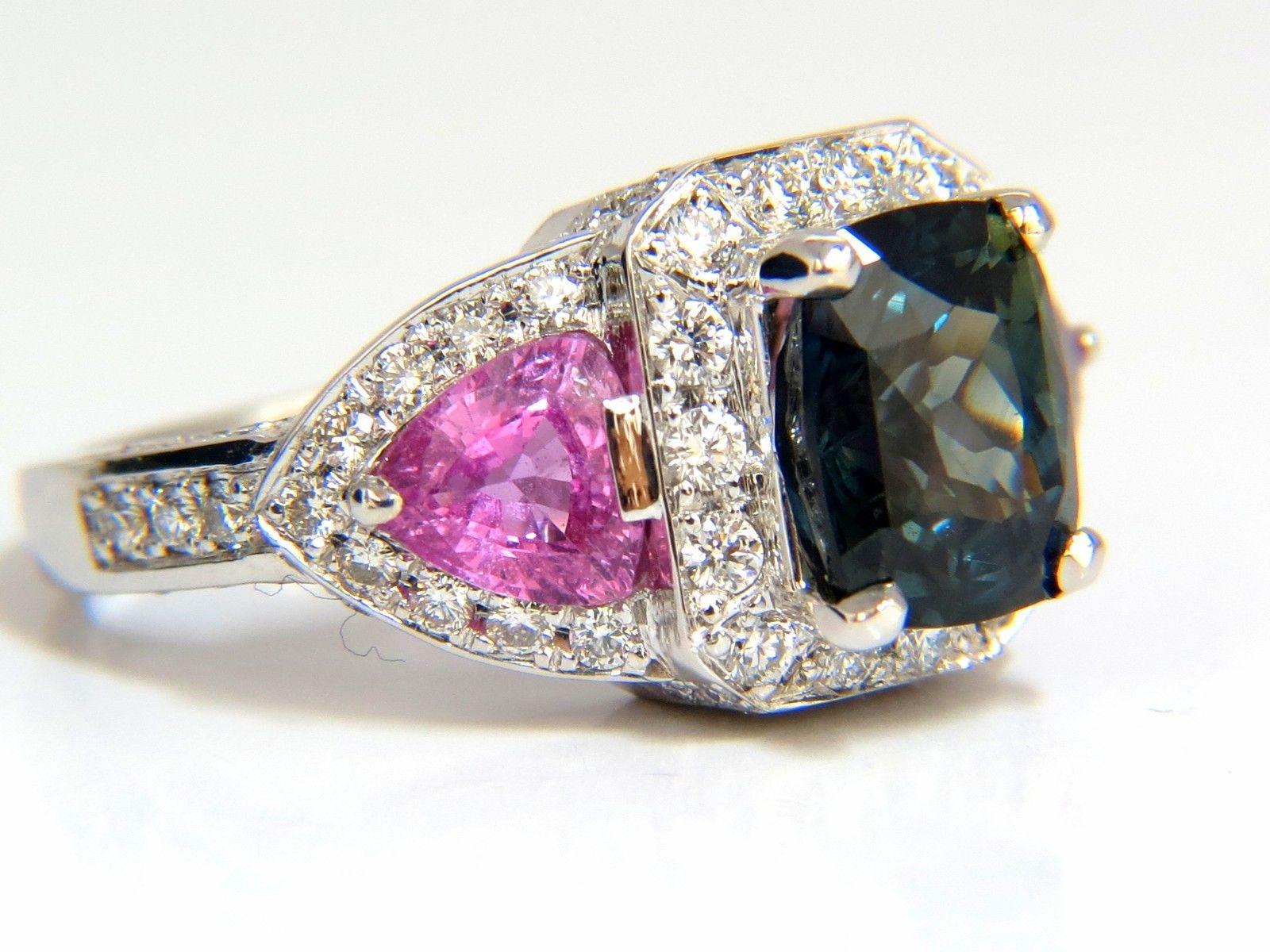 Cushion Cut GIA 6.19 Carat Natural No Heat Green Blue Sapphire Diamonds Ring Unheated For Sale