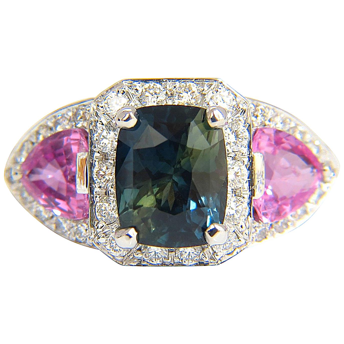 Ring, GIA 6,19 Karat natürlicher unerhitzter grüner blauer Saphir, Diamanten, unerhitzt