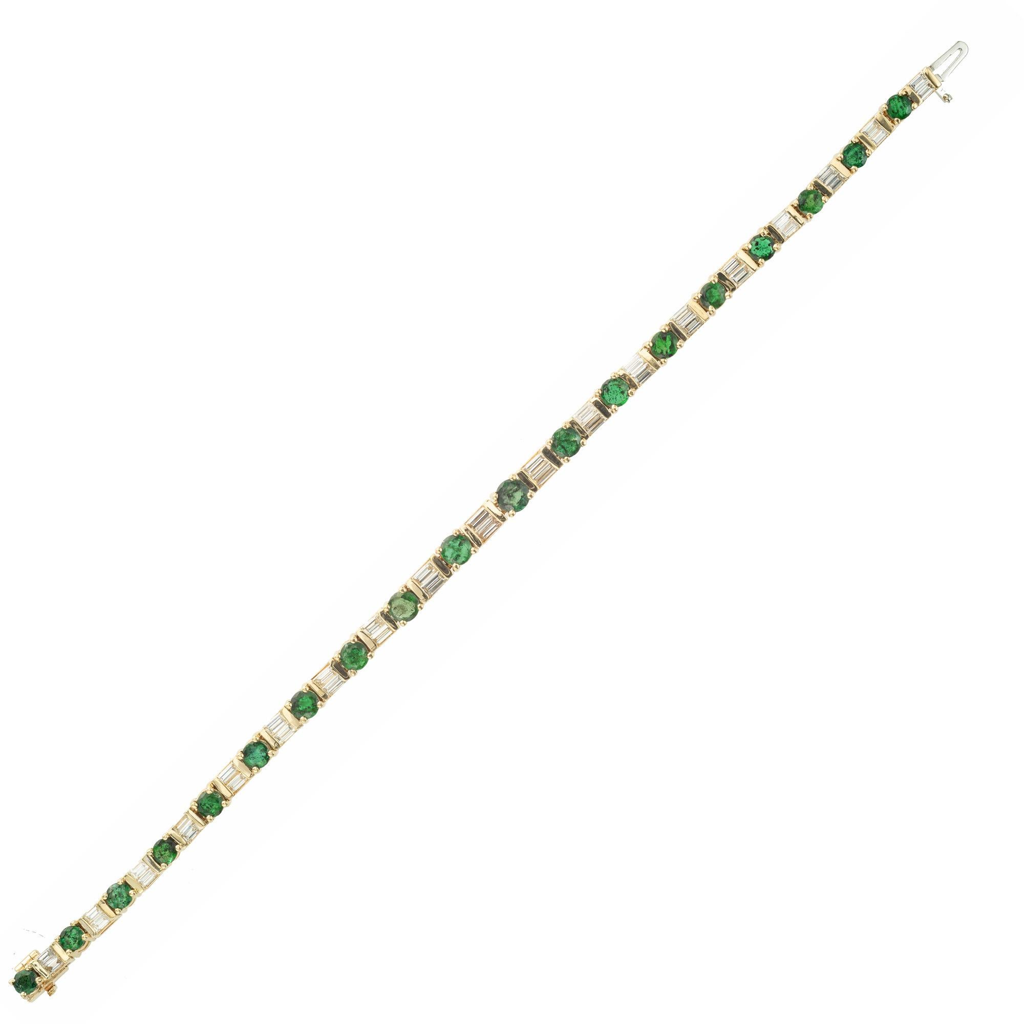 Round Cut GIA 6.20 Carat Green Brazilian Emerald Baguette Diamond Tennis Gold Bracelet For Sale