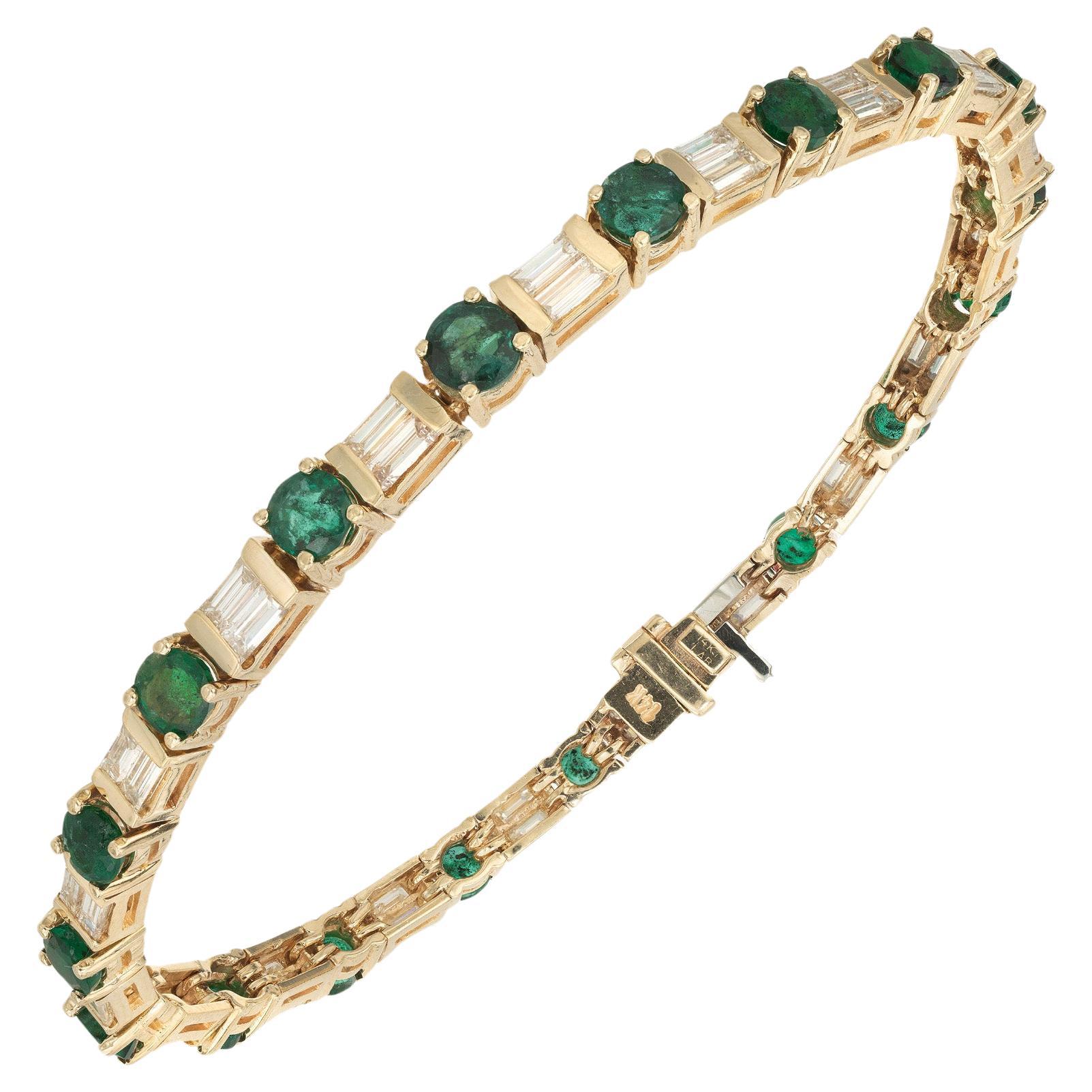 GIA 6.20 Carat Green Brazilian Emerald Baguette Diamond Tennis Gold Bracelet For Sale