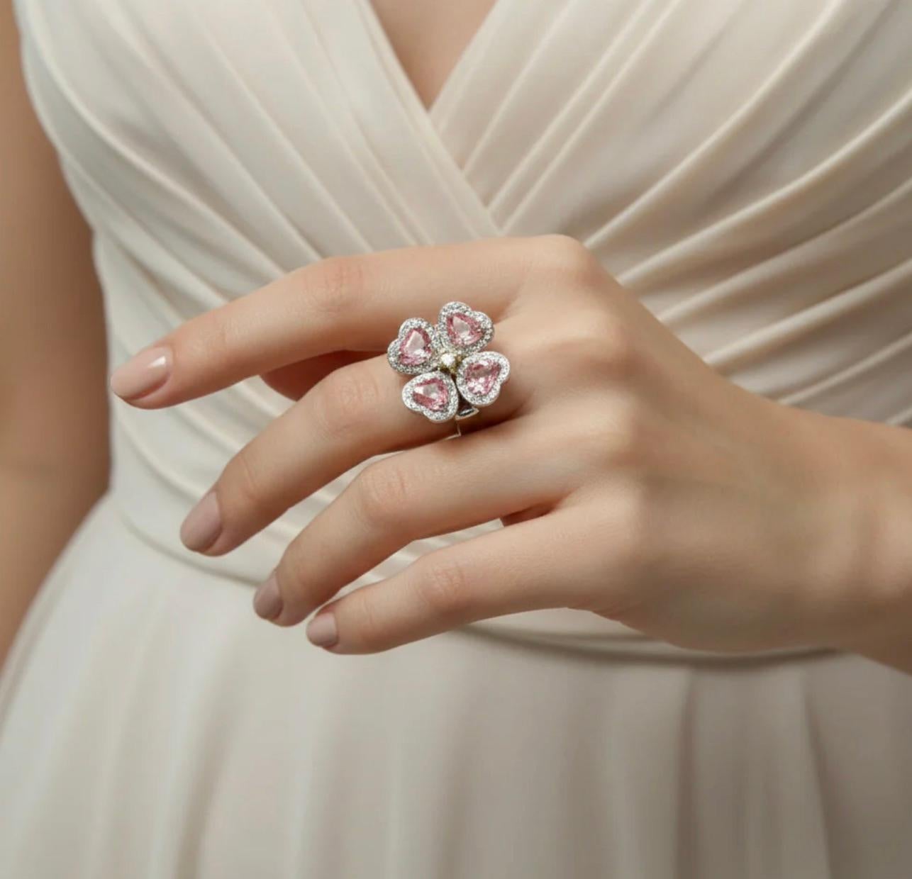 GIA 6,20 Karat Padparadscha Saphir und Diamant Blumenring 18K im Angebot 4