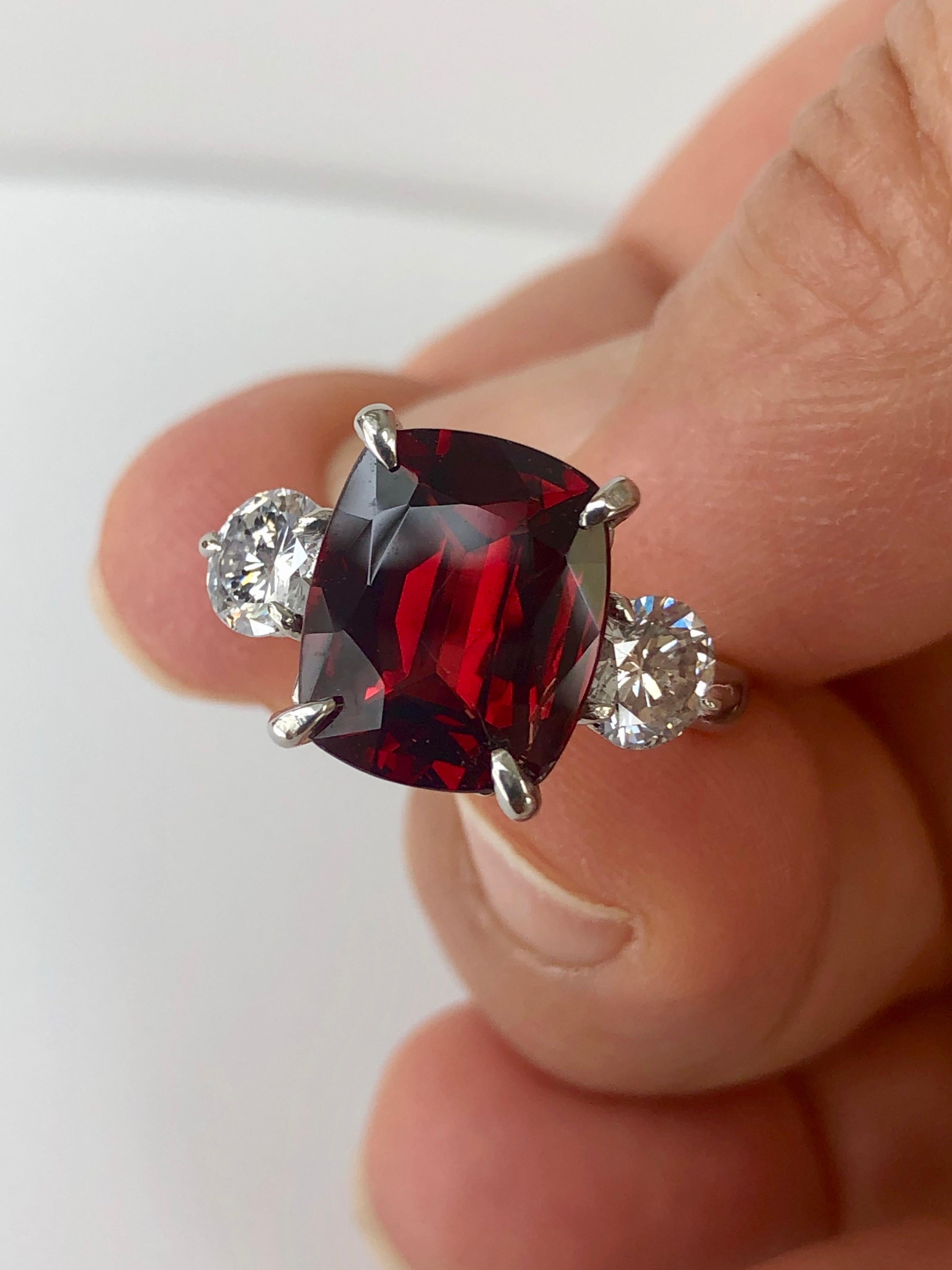 GIA 6.26 Carat Natural No Heat Burma Red Spinel Diamond Engagement Platinum Ring For Sale 4