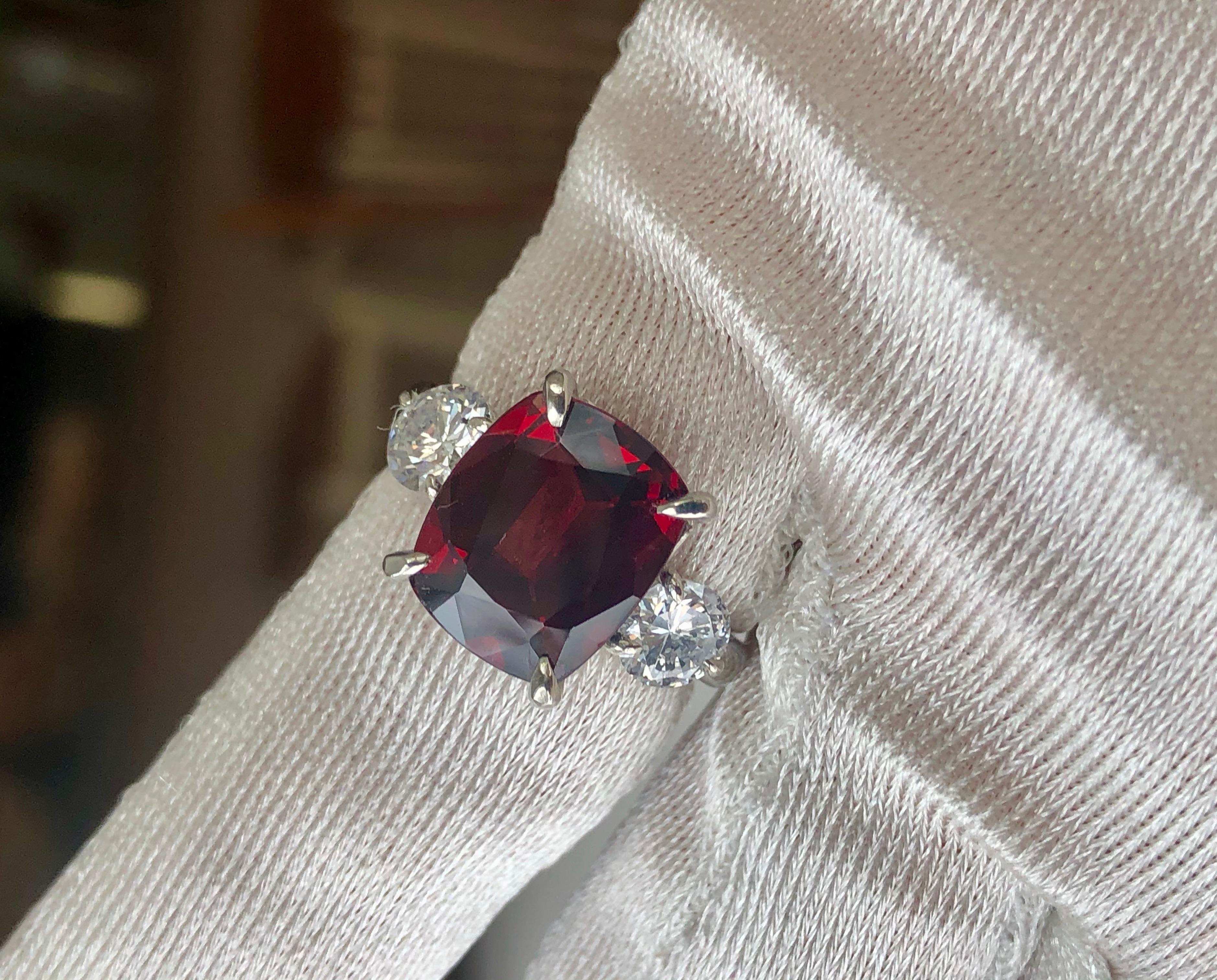 Contemporary GIA 6.26 Carat Natural No Heat Burma Red Spinel Diamond Engagement Platinum Ring For Sale