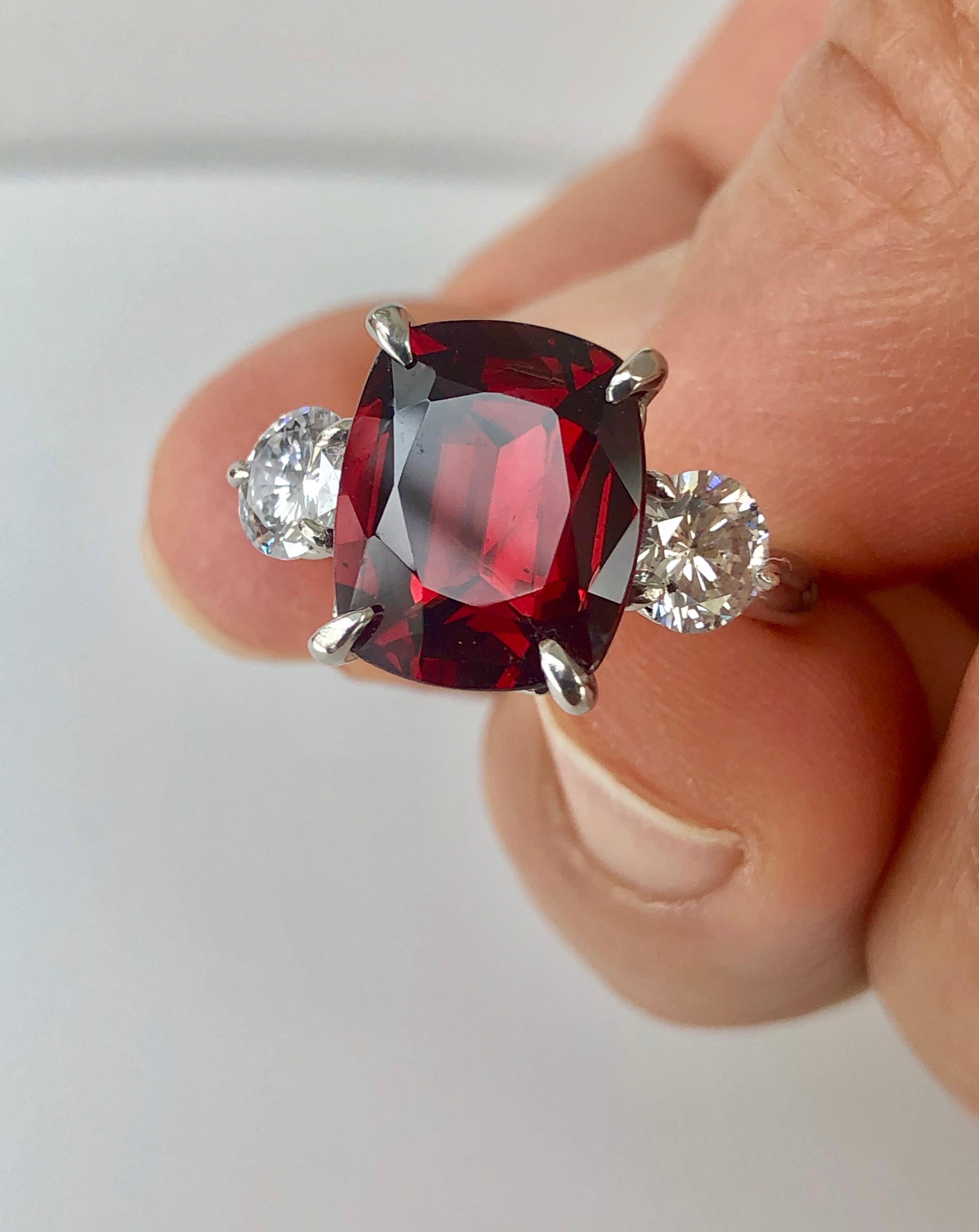 Antique Cushion Cut GIA 6.26 Carat Natural No Heat Burma Red Spinel Diamond Engagement Platinum Ring For Sale