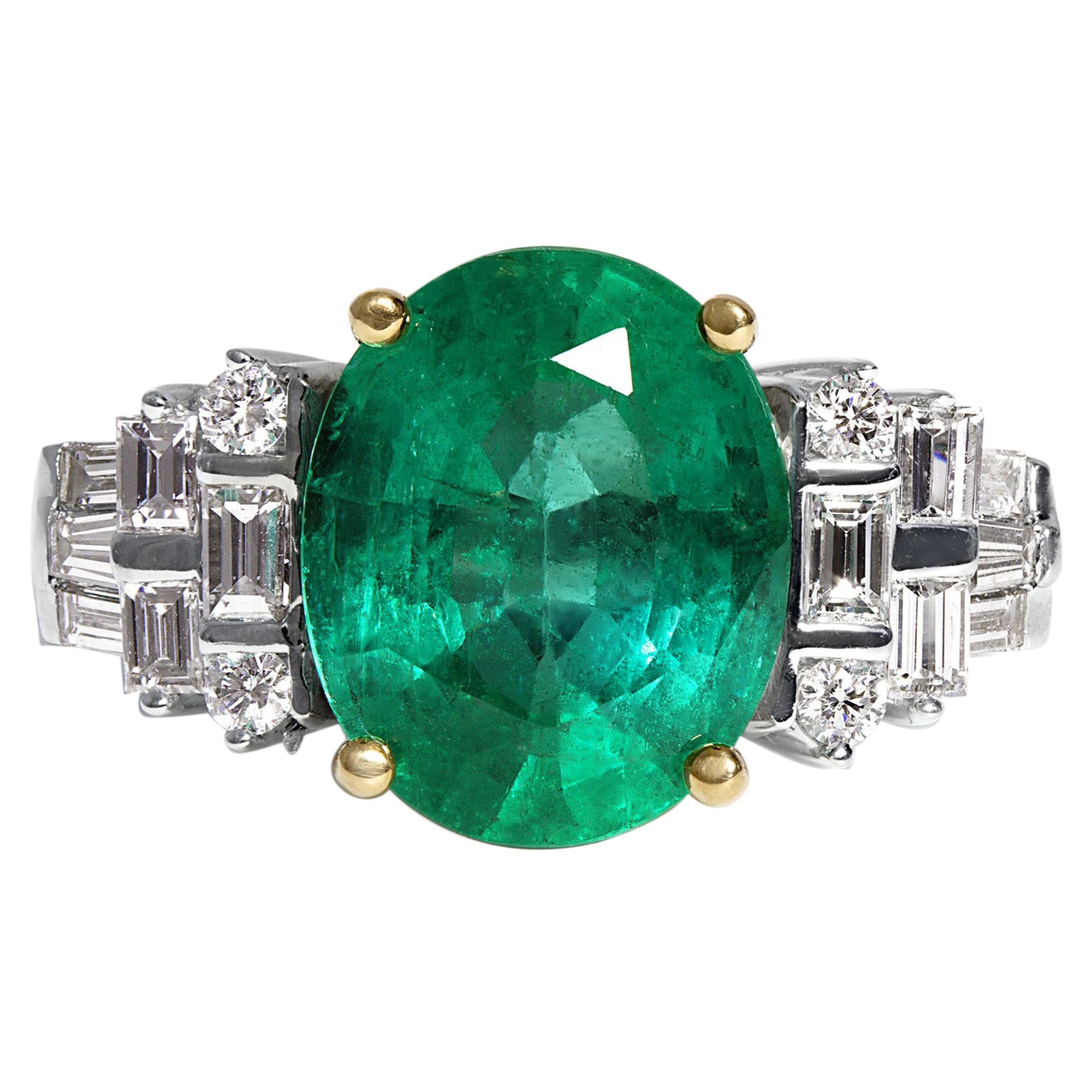 GIA 6.30 Carat Estate Green Oval Emerald Diamond Engagement 18 Karat Gold Ring