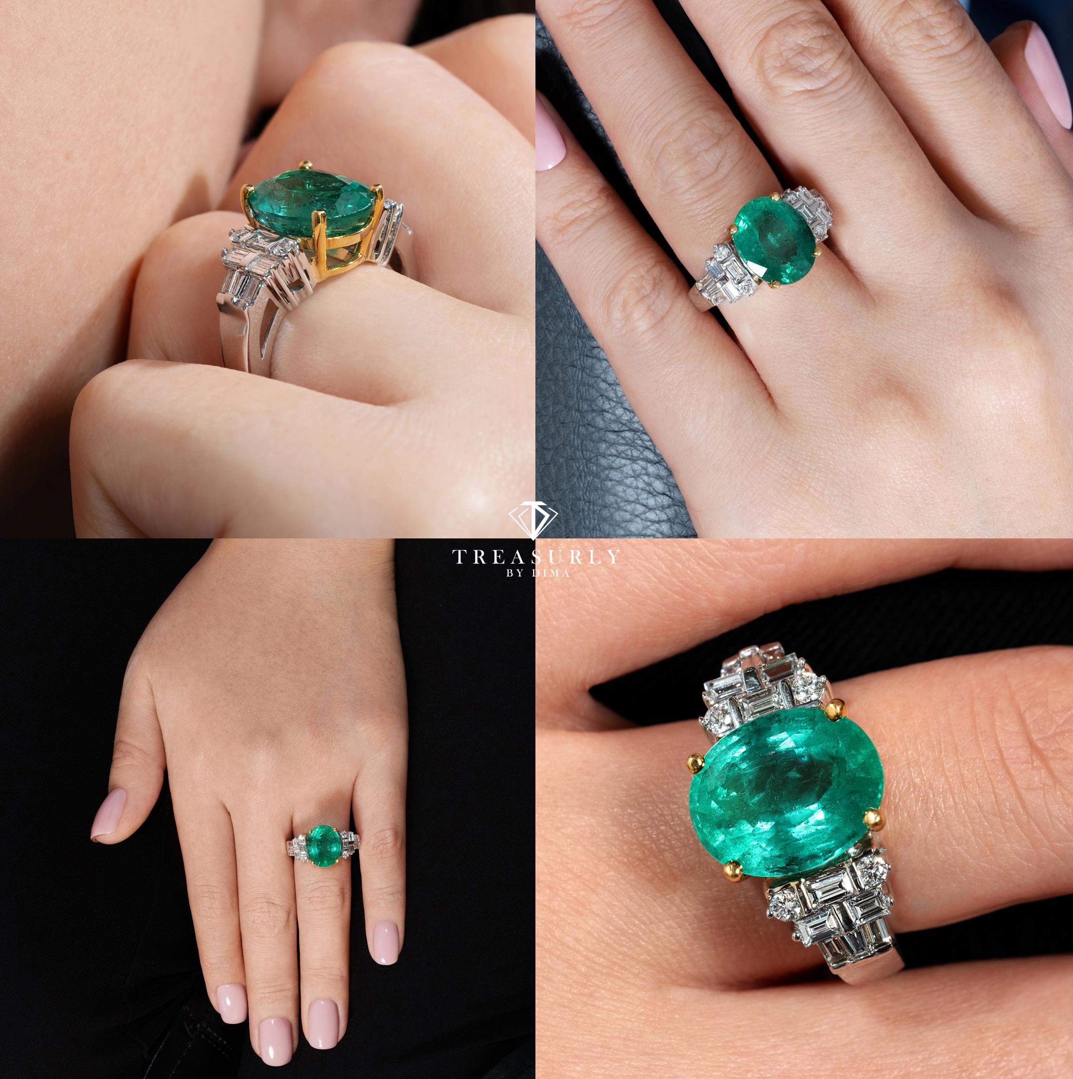 GIA 6.30 Carat Estate Green Oval Emerald Diamond Engagement 18 Karat Gold Ring 8