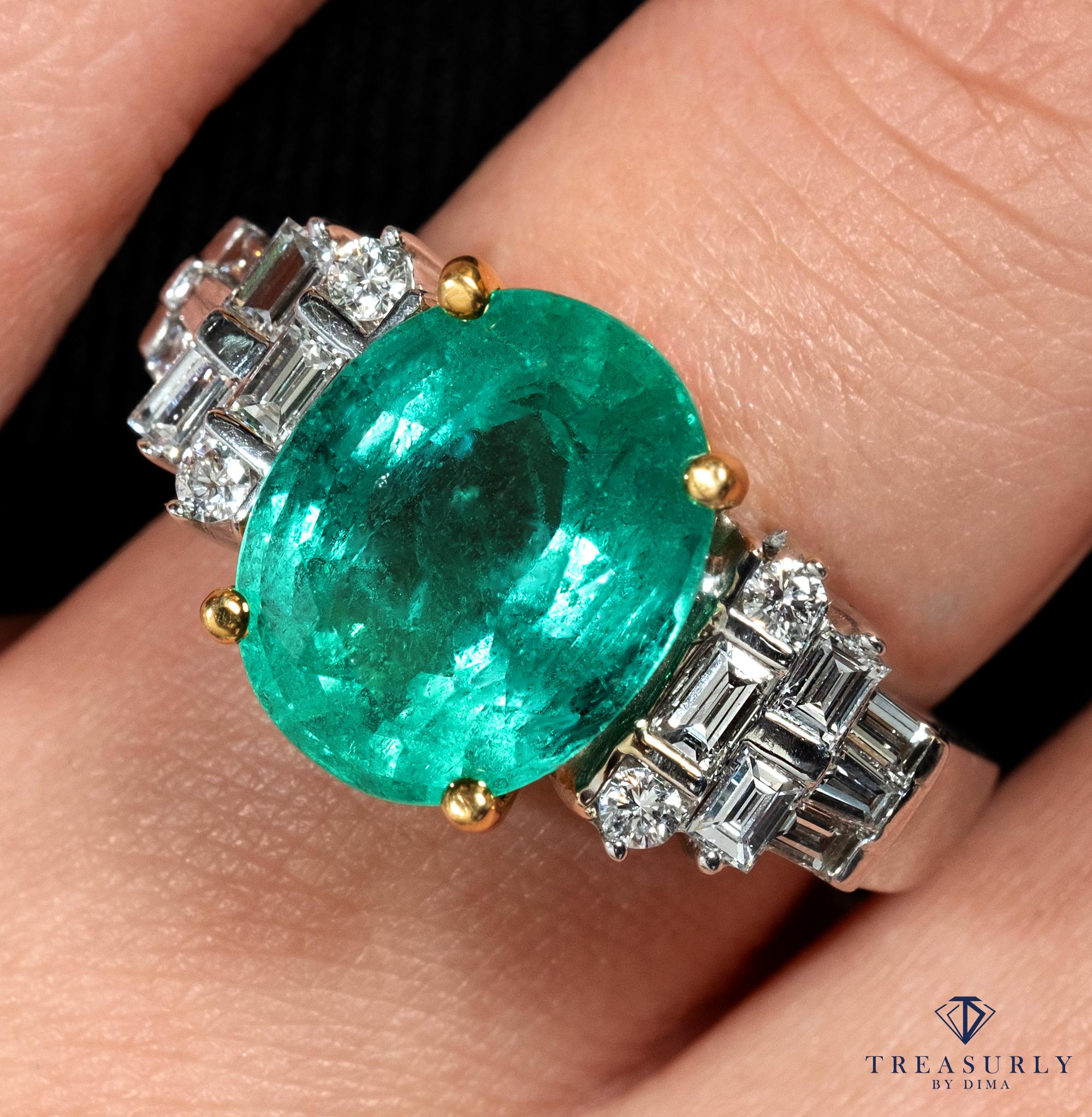 Estate Vintage GIA 6.30ct Oval Green Emerald and Diamond Anniversary Engagement Ring.

This jewel will make a great addition to any GEM/jewelry collection... It is extremely rear to find an emerald over 3ct size, but to find over 5 carat is truly