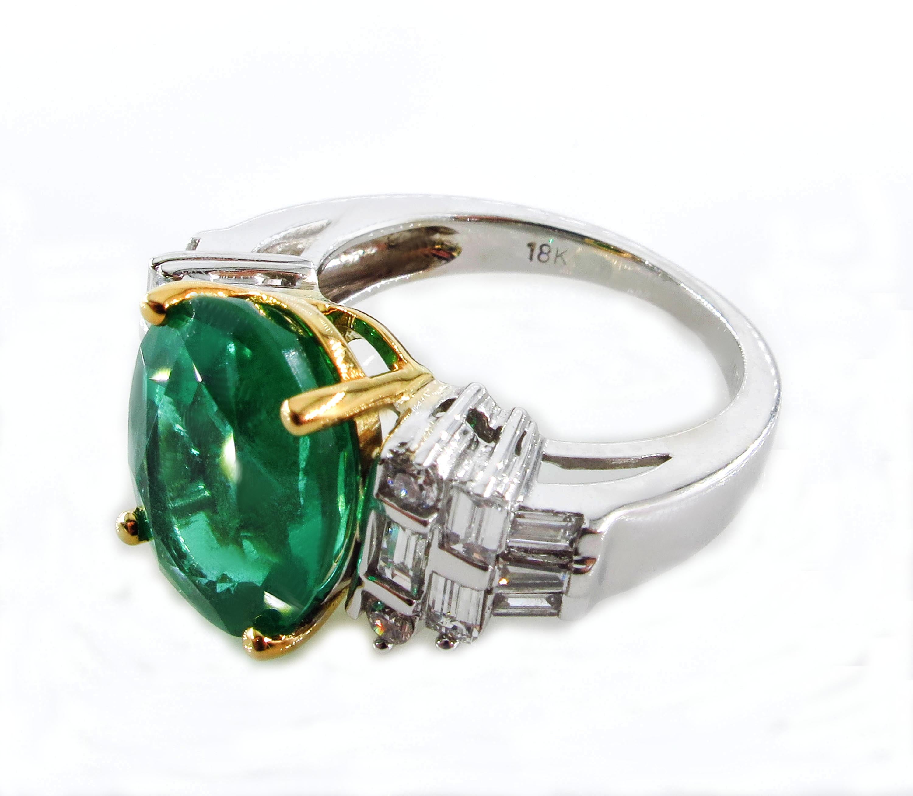 GIA 6.30 Carat Estate Green Oval Emerald Diamond Engagement 18 Karat Gold Ring 1