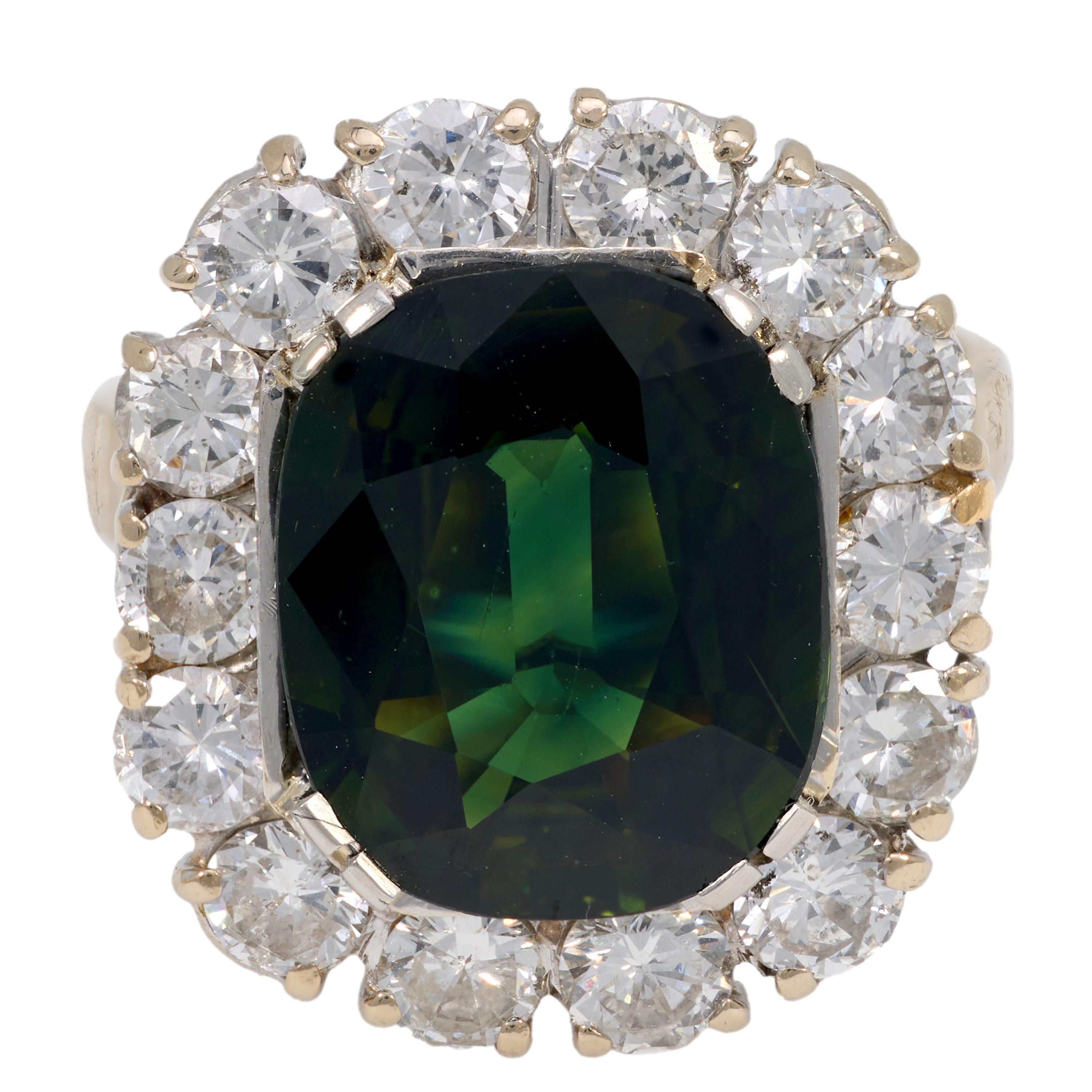 Modern GIA 6.37 carat no heat green-blue sapphire diamond 18k white gold cluster ring For Sale