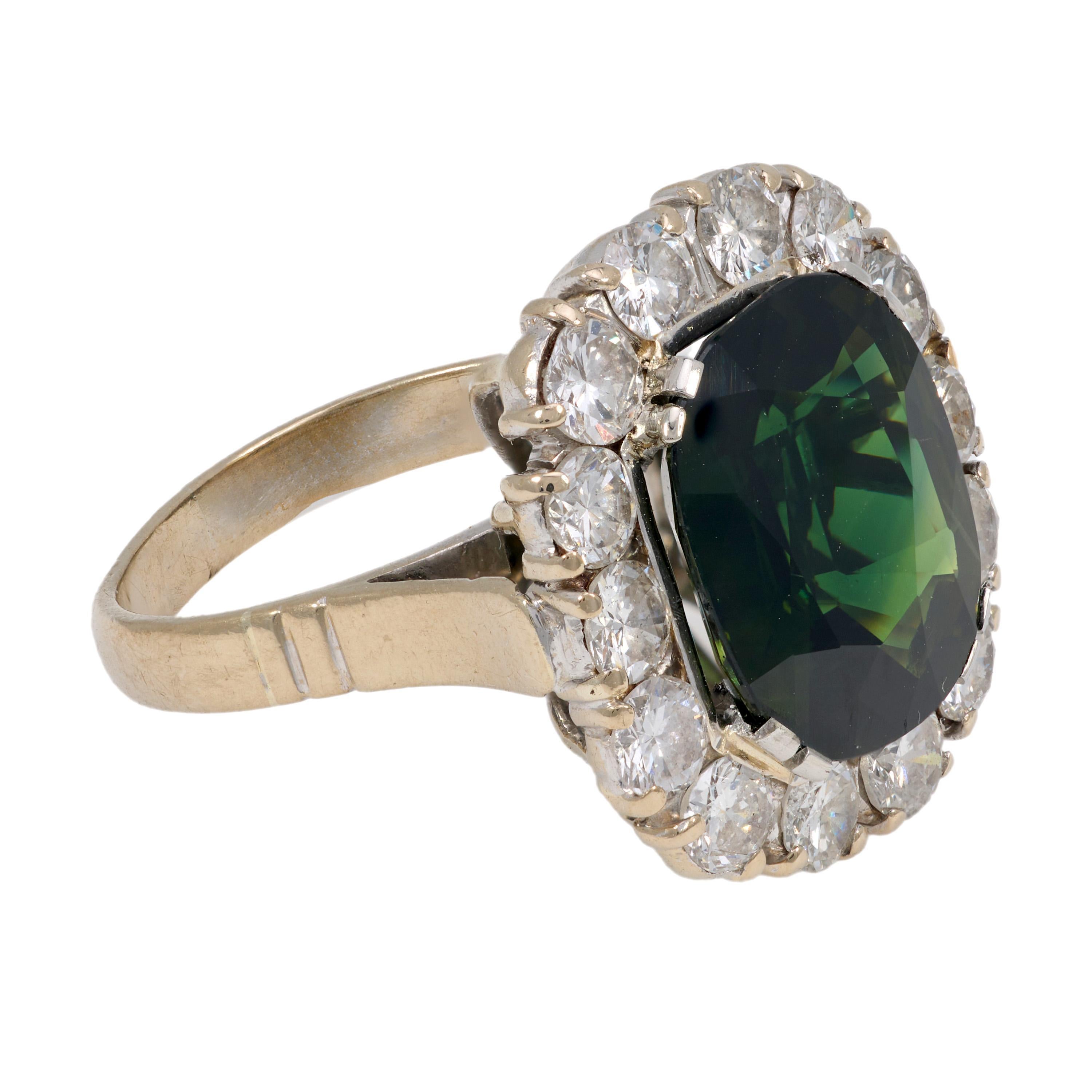 GIA 6.37 carat no heat green-blue sapphire diamond 18k white gold cluster ring In Good Condition For Sale In Beverly Hills, CA