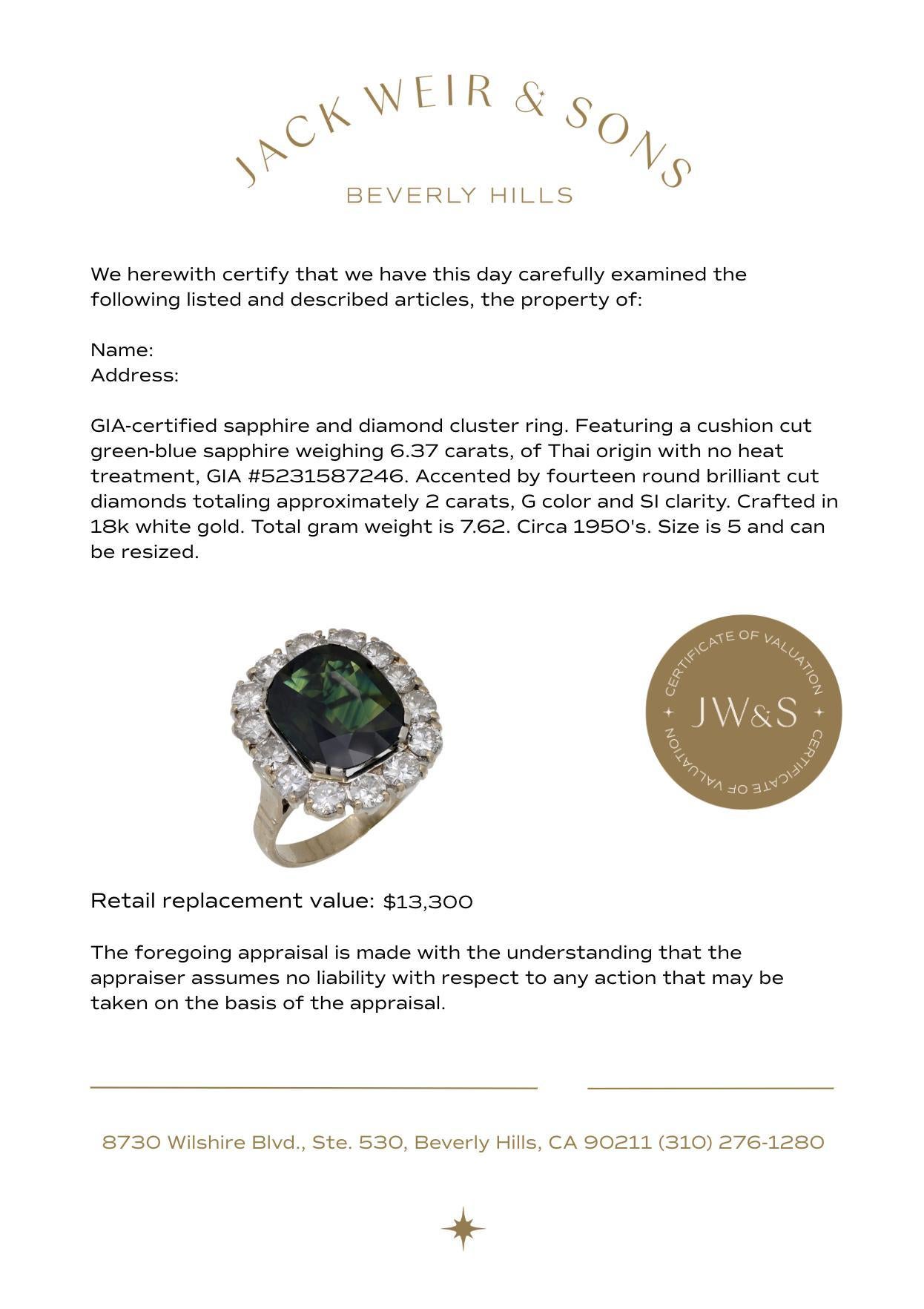 GIA 6.37 carat no heat green-blue sapphire diamond 18k white gold cluster ring For Sale 1