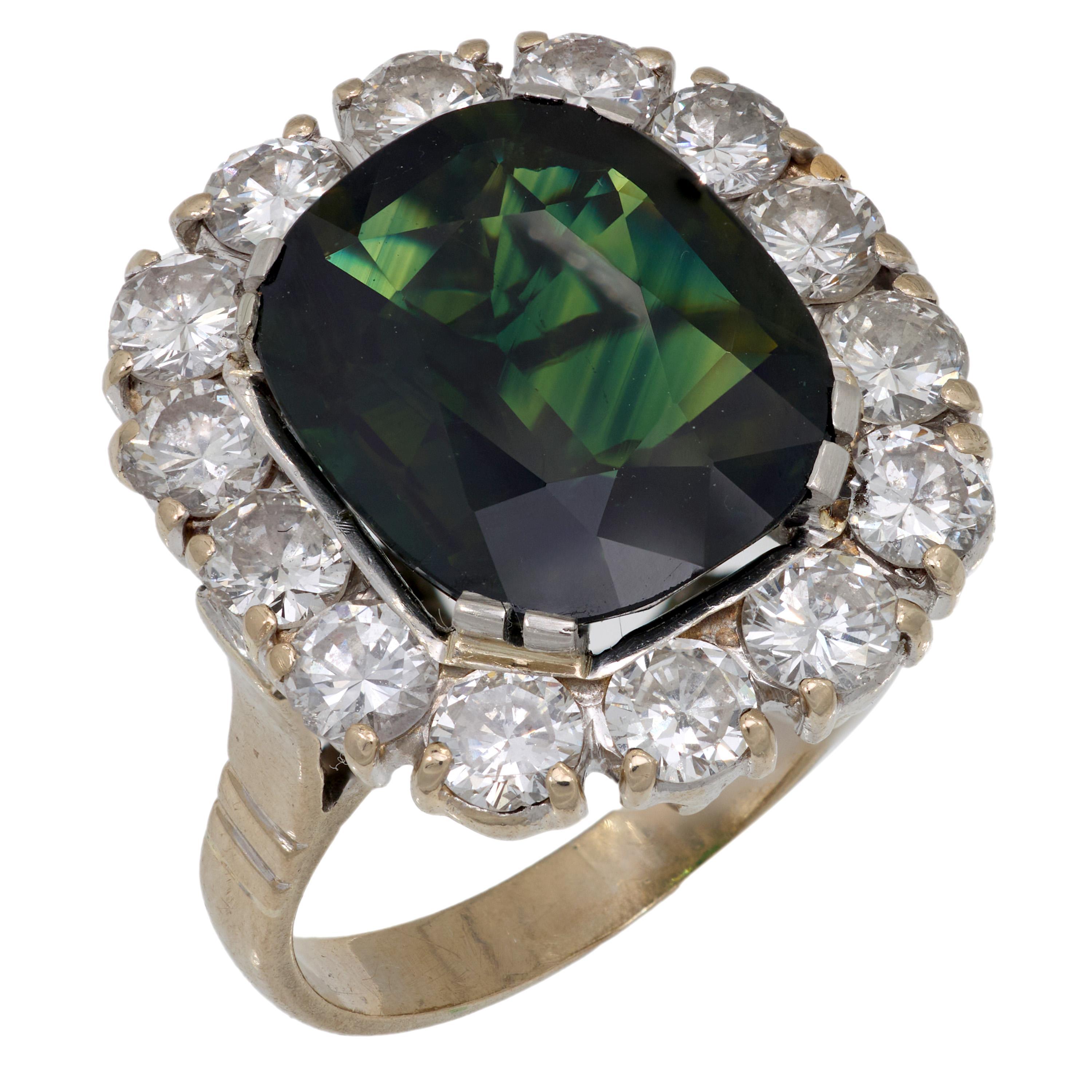 GIA 6.37 carat no heat green-blue sapphire diamond 18k white gold cluster ring For Sale