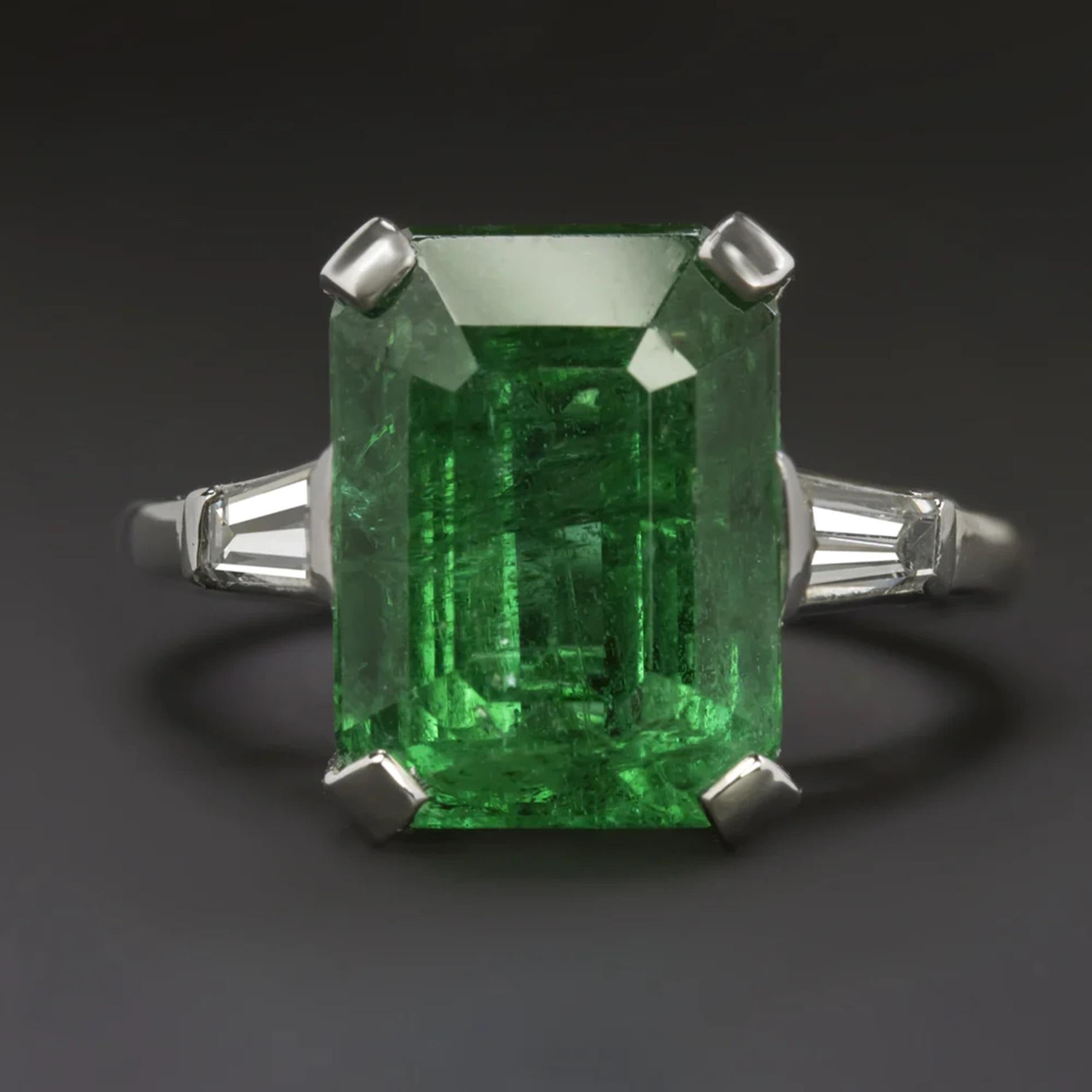 Emerald Cut GIA 6.43 Carat Minor Oil Green Emerald Diamond Ring  For Sale