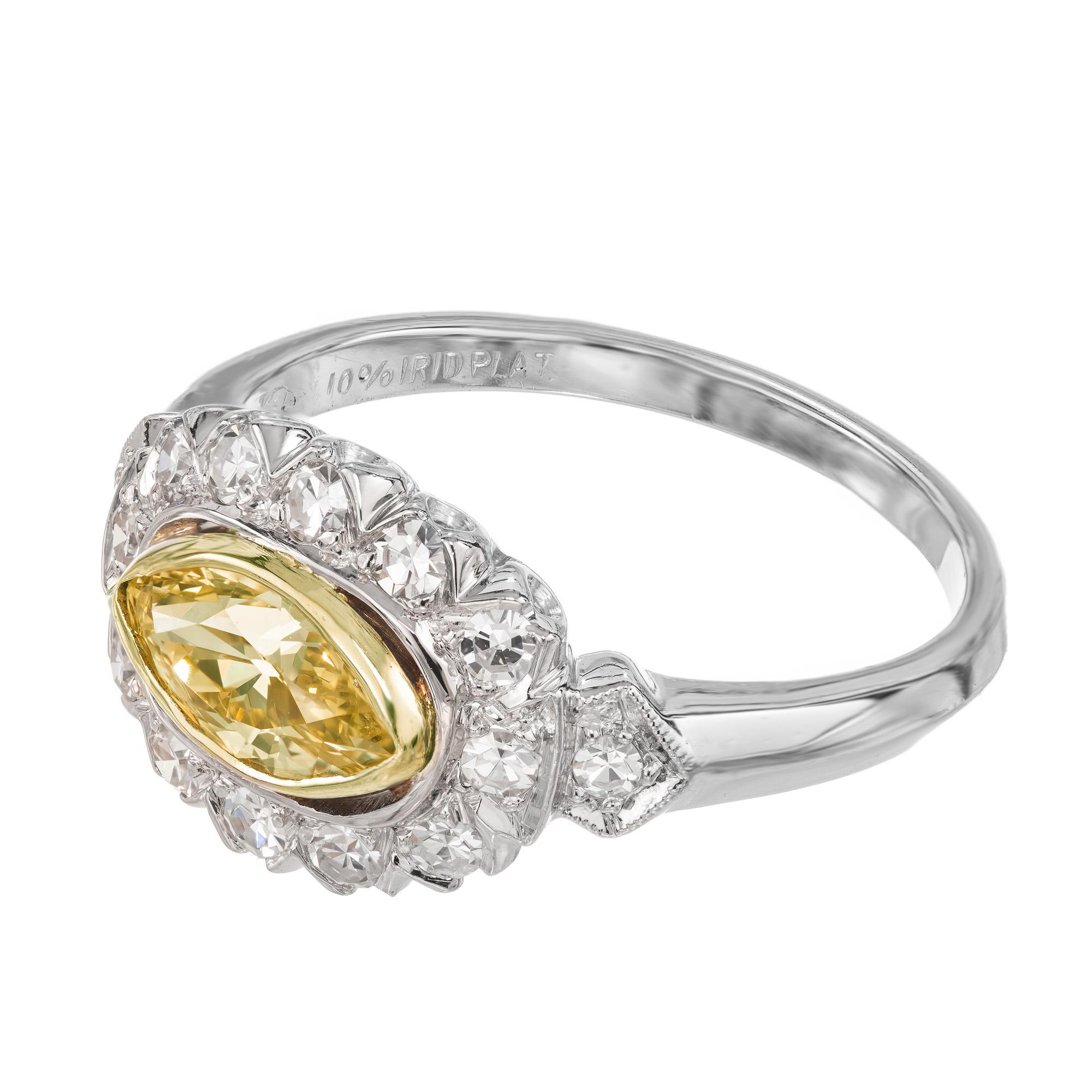 Marquise Cut GIA .65 Carat Fancy Intense Yellow White Diamond Platinum Engagement Ring For Sale