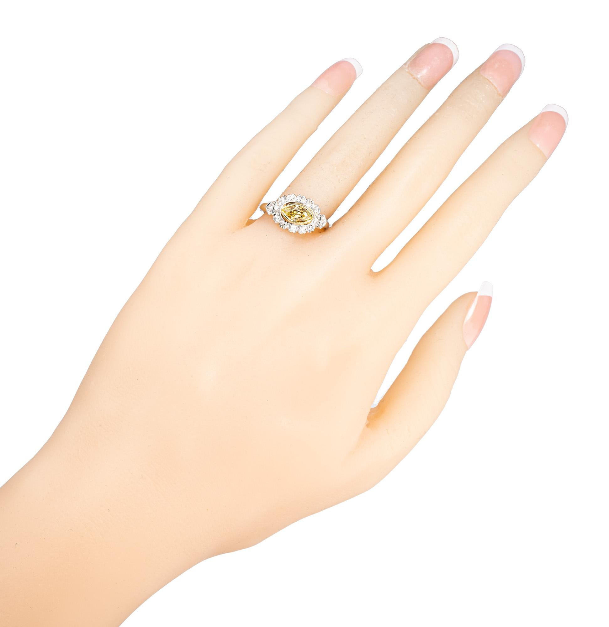 GIA .65 Carat Fancy Intense Yellow White Diamond Platinum Engagement Ring For Sale 3