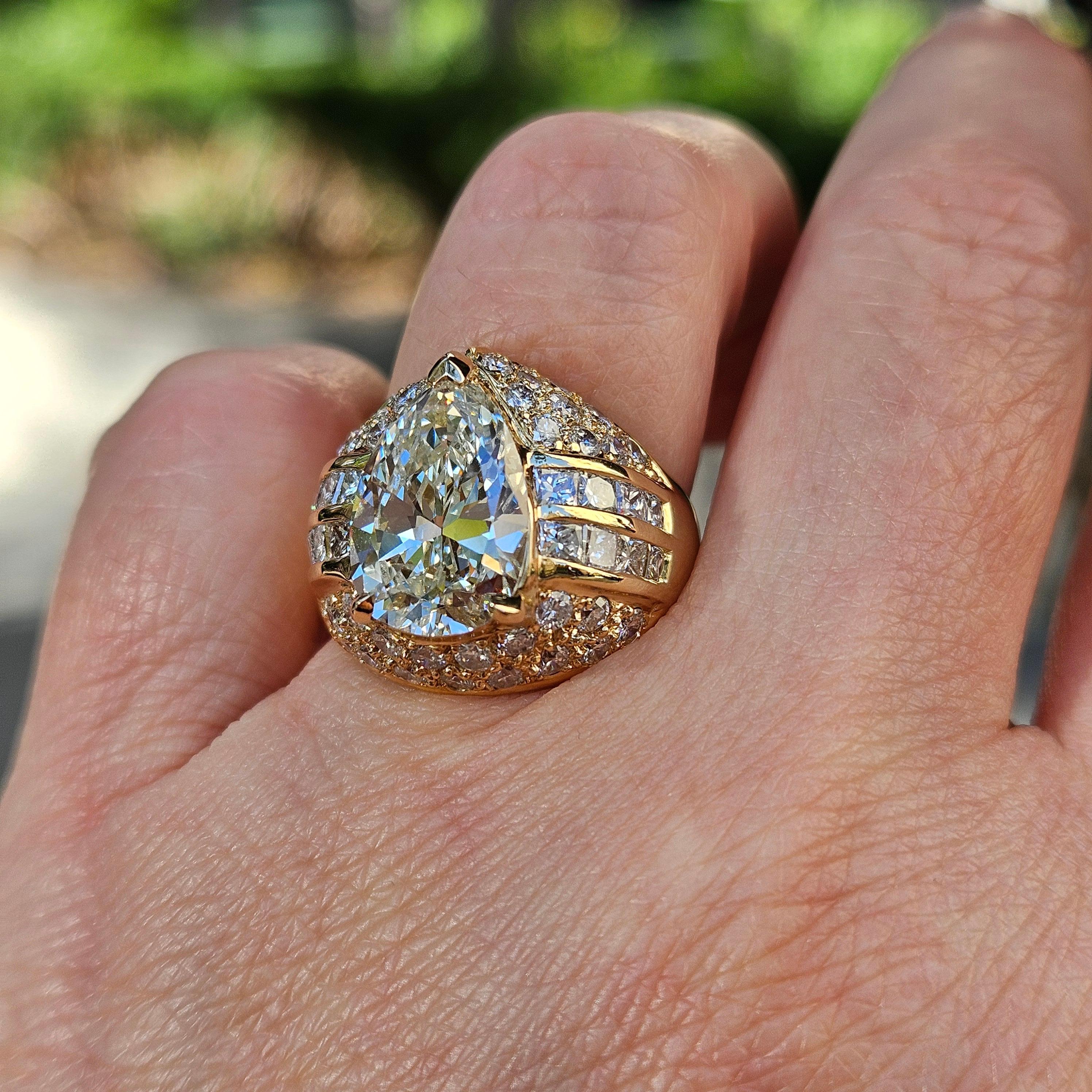 GIA 6.50ct Vintage Pear Diamond Engagement Wedding 18k Yellow Gold Ring For Sale 8