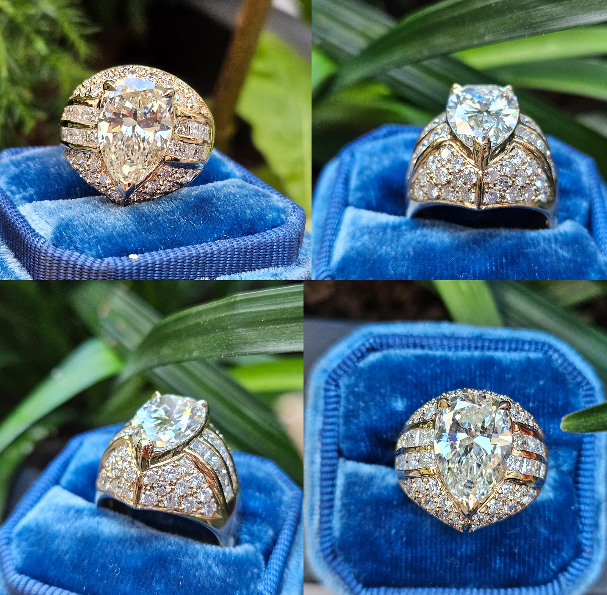 GIA 6.50ct Vintage Pear Diamond Engagement Wedding 18k Yellow Gold Ring For Sale 12